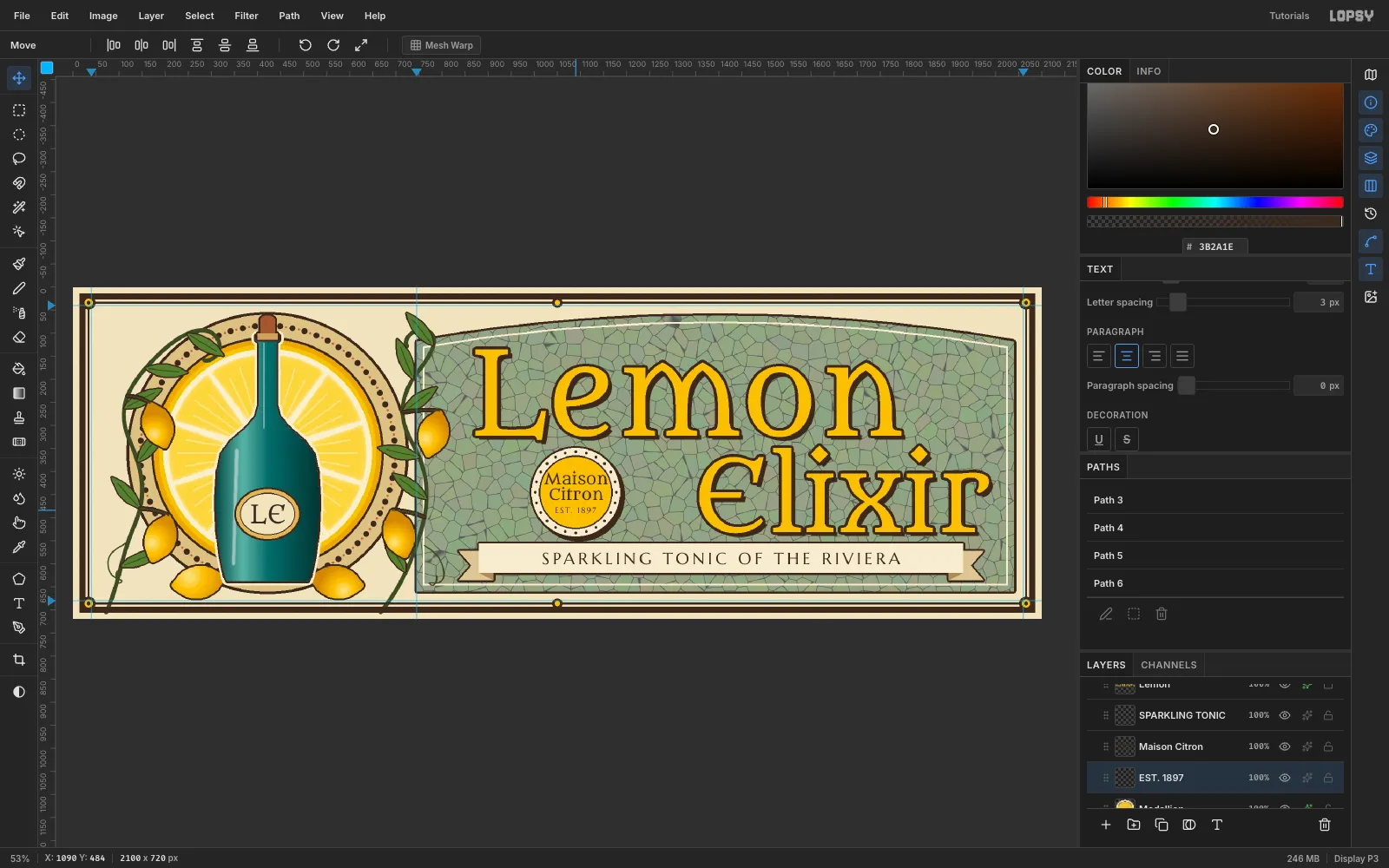 A round medallion in the pocket left of Elixir: a dotted cream ring around a yellow disc that reads Maison Citron, Est. 1897
