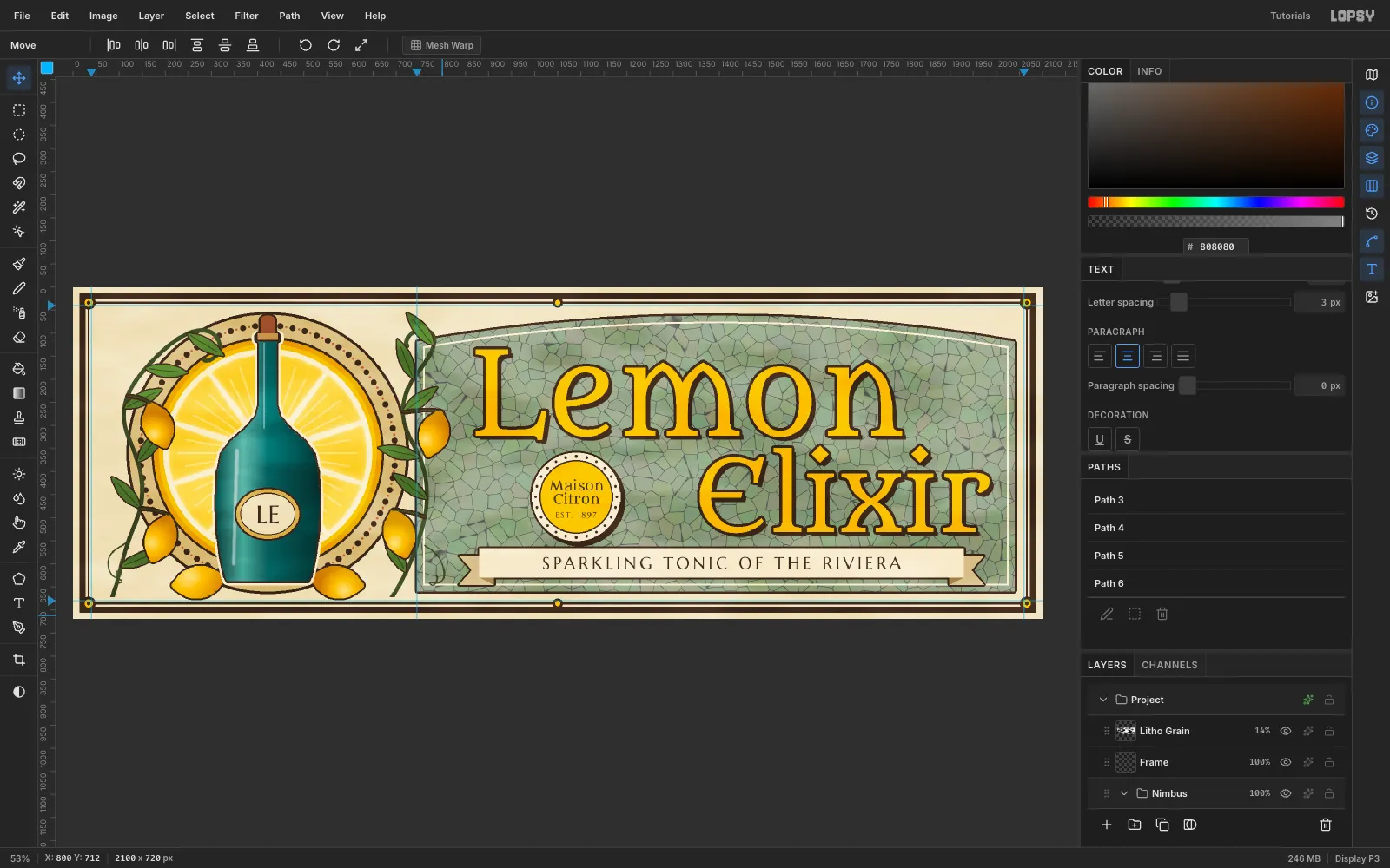 The final billboard: a roman LE monogram, smaller medallion lettering, the ribbon lowered for more room under Elixir, and vine ends trimmed off the frame