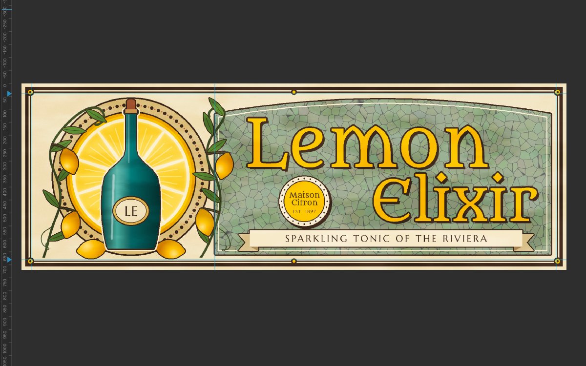 Lopsy showing the finished Lemon Elixir Art Nouveau billboard, a teal bottle in front of a lemon-slice halo wrapped in vines, beside yellow outlined lettering on a sage mosaic panel
