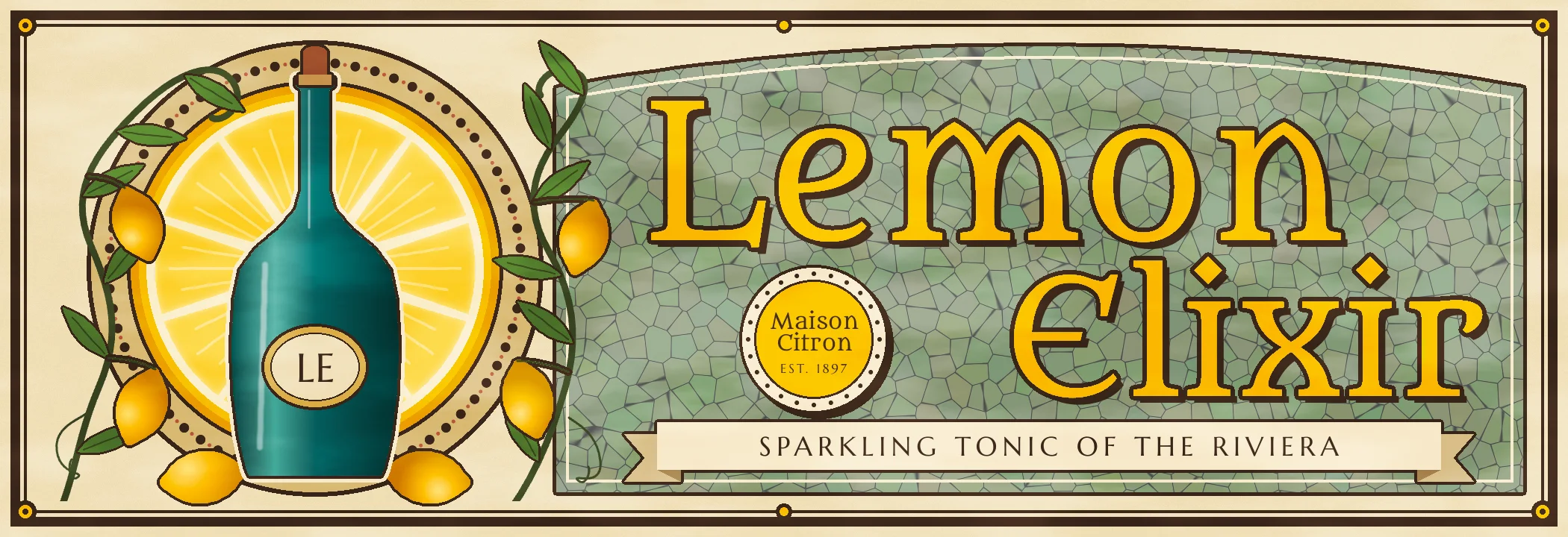 The finished Lemon Elixir billboard. A teal bottle with an LE label stands in front of a giant lemon-slice halo ringed with dots, wrapped in whiplash vines with leaves and hanging lemons. On the right, yellow "Lemon Elixir" lettering with brown outlines and hard shadows sits on an arched sage mosaic panel, with a round Maison Citron medallion and a cream ribbon reading Sparkling Tonic of the Riviera