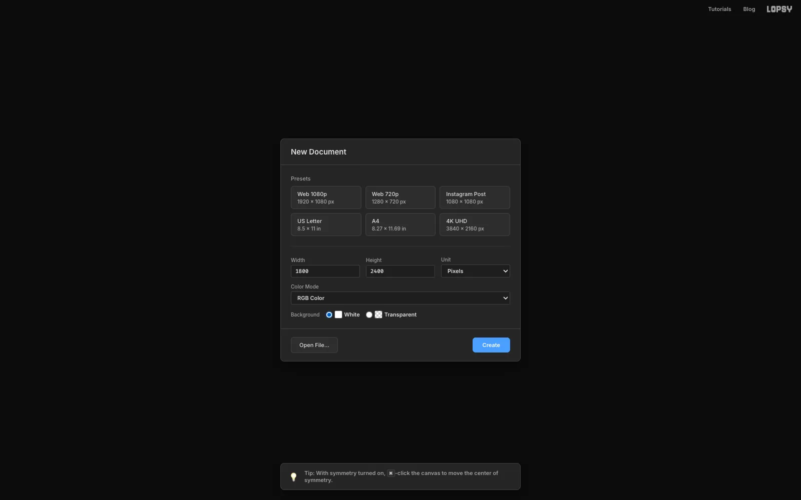 The New Document dialog with Width 1800, Height 2400, Pixels and a white background