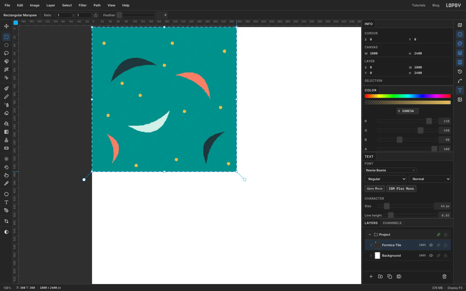 A 360 pixel square of teal in the top-left corner of the canvas with five curved boomerang shapes in dark slate, coral and pale mint, scattered gold dots, and a marquee around the square