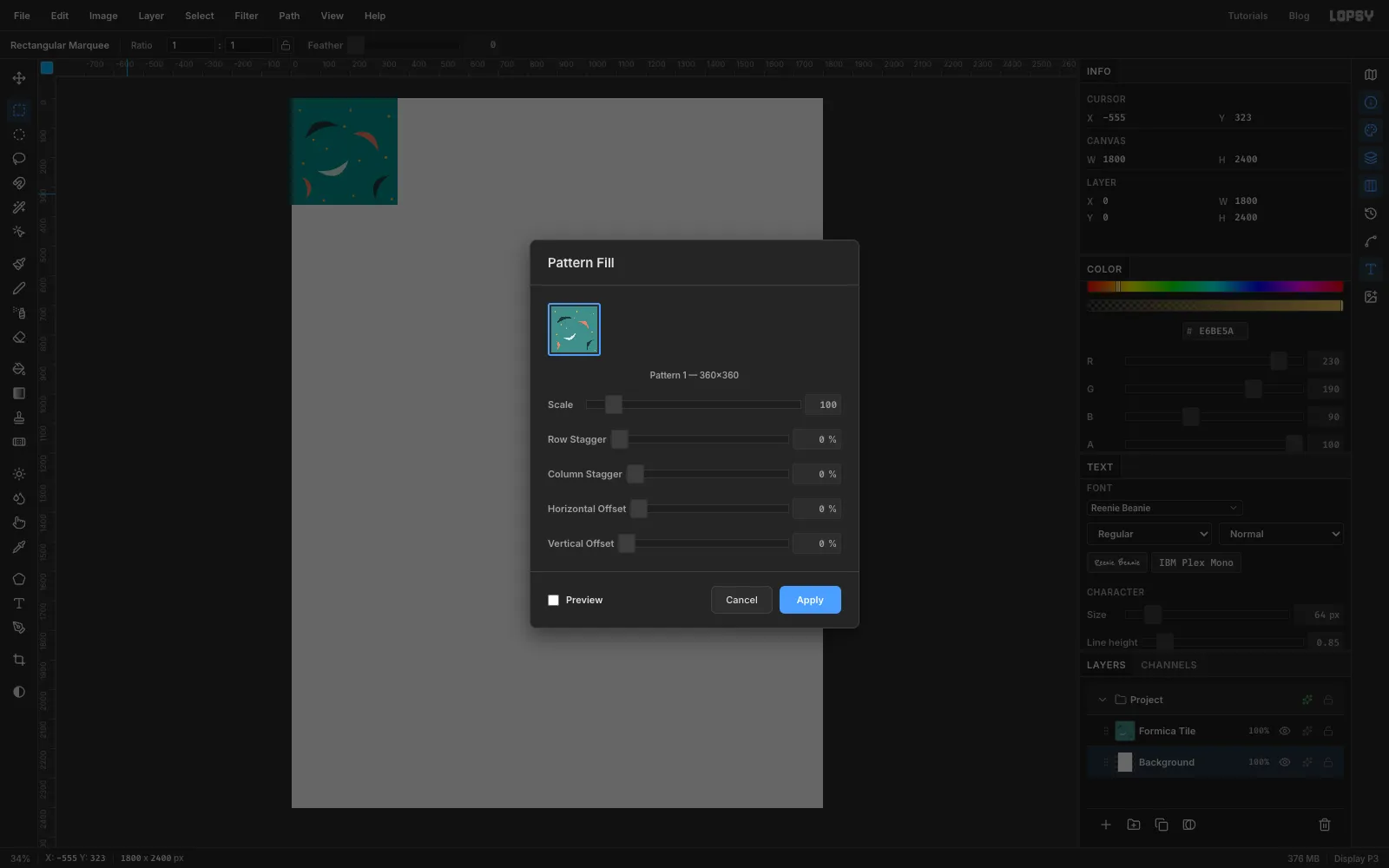 The Pattern Fill dialog showing the boomerang tile as Pattern 1, 360 by 360, with Scale at 100