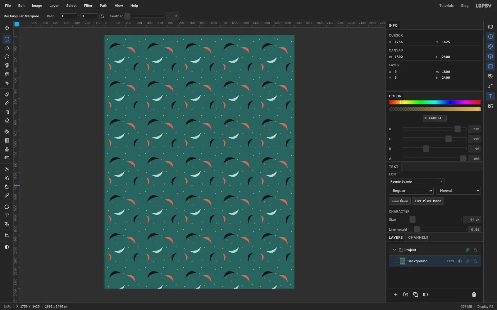 The whole canvas covered in a softer, greyer teal boomerang pattern with a fine grain