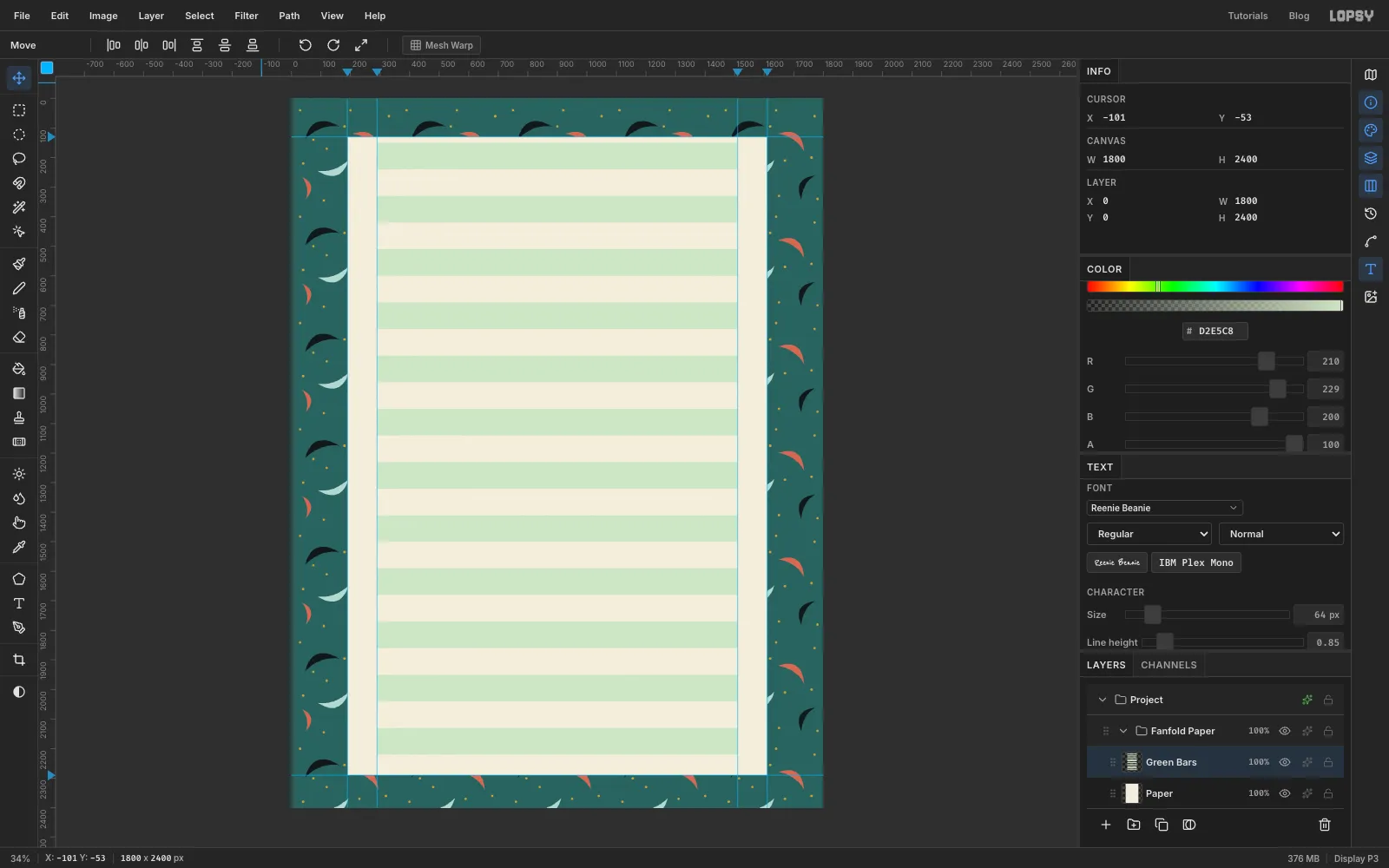 Evenly spaced pale green bands running down the whole cream sheet, ending cleanly at its bottom edge
