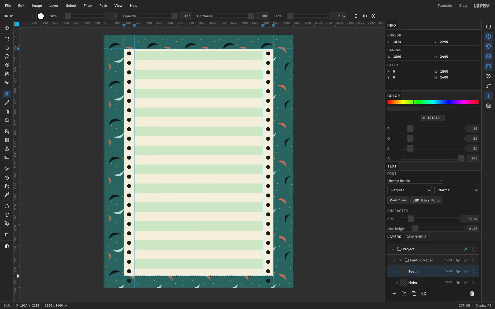 A row of small black dots running along the top and bottom edges of the sheet
