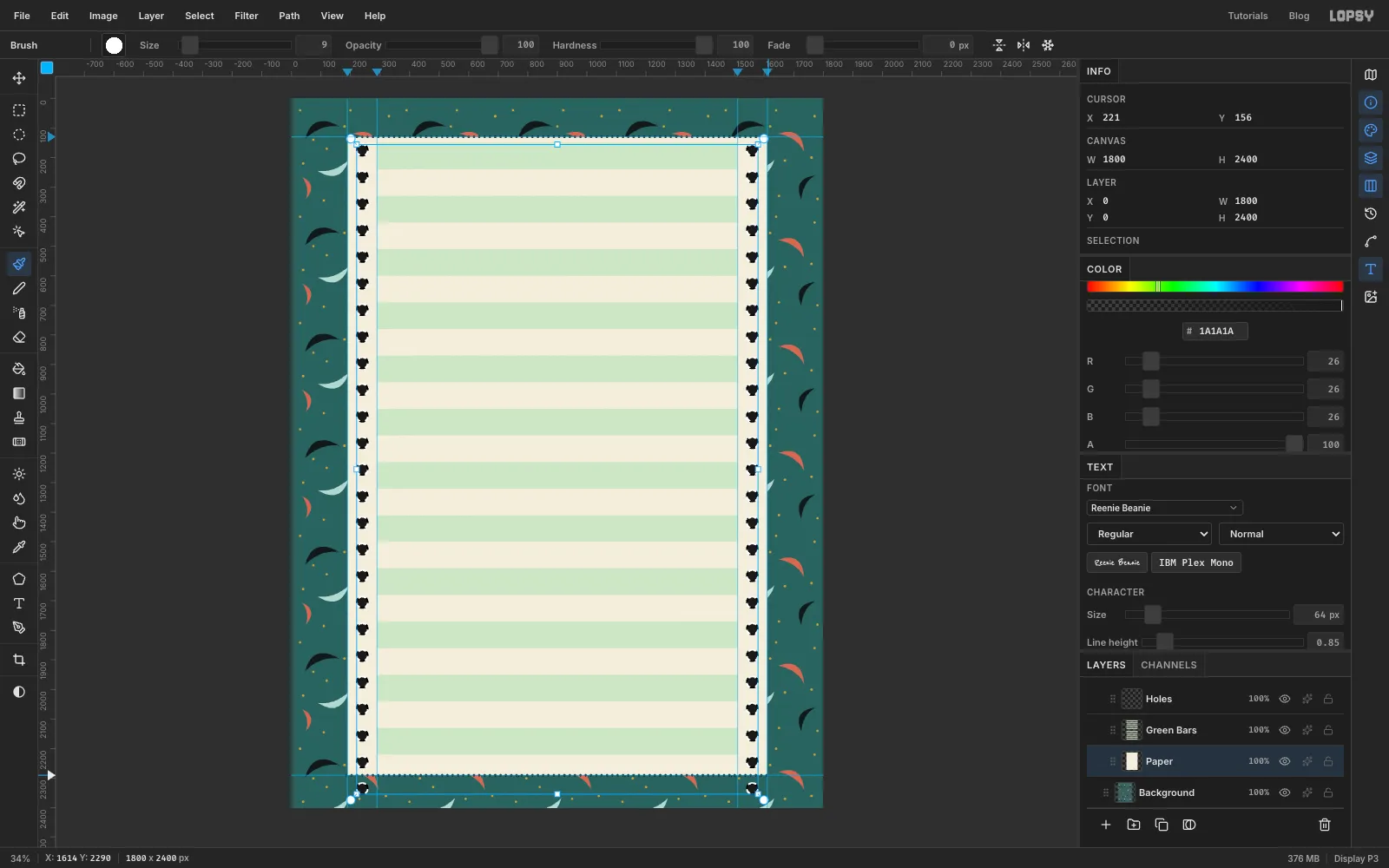 The holes and edge dots selected with marching ants while the Paper layer is active