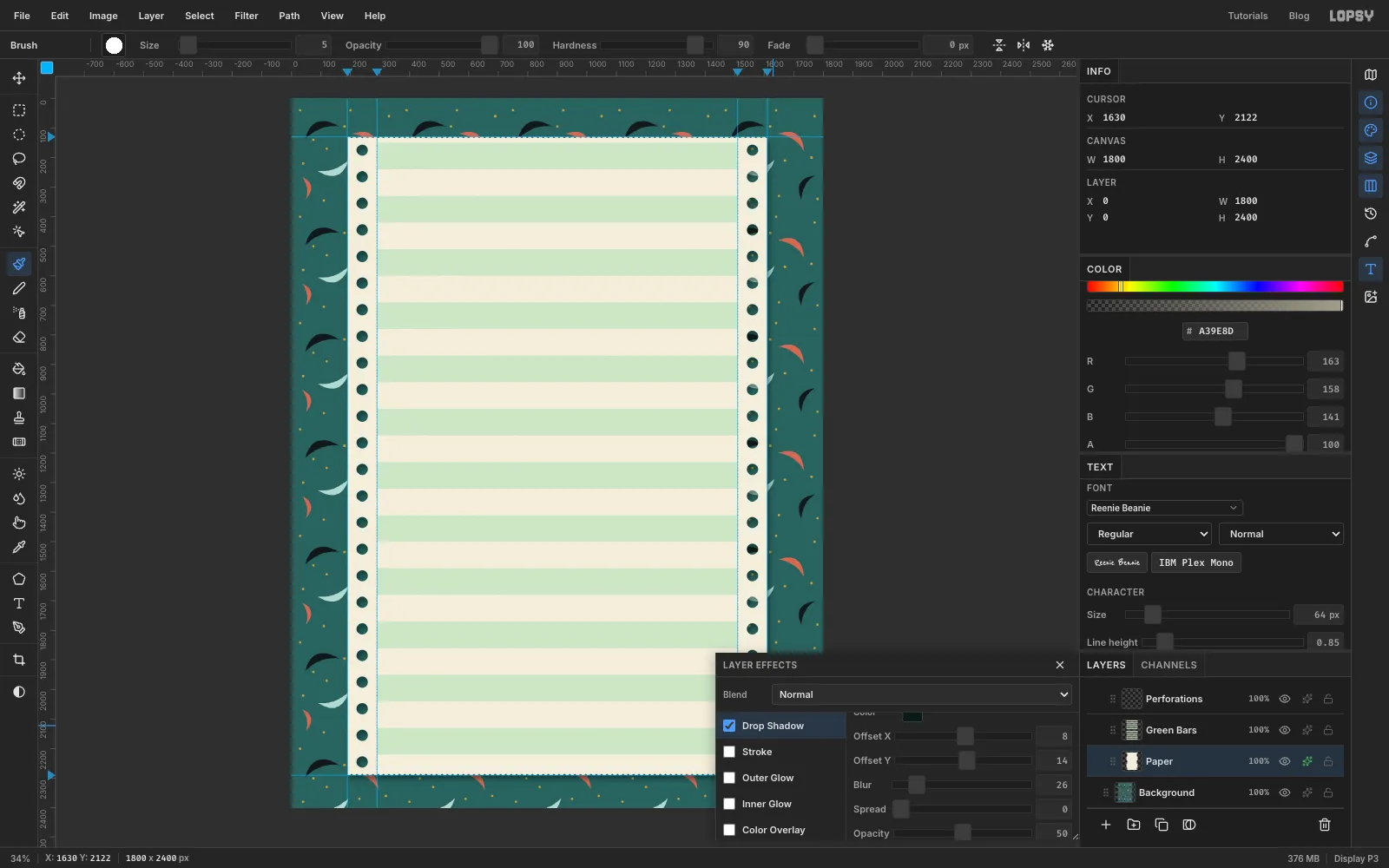 The finished paper with bars, holes and perforations, and the layer effects drawer open on the Paper layer with Drop Shadow ticked
