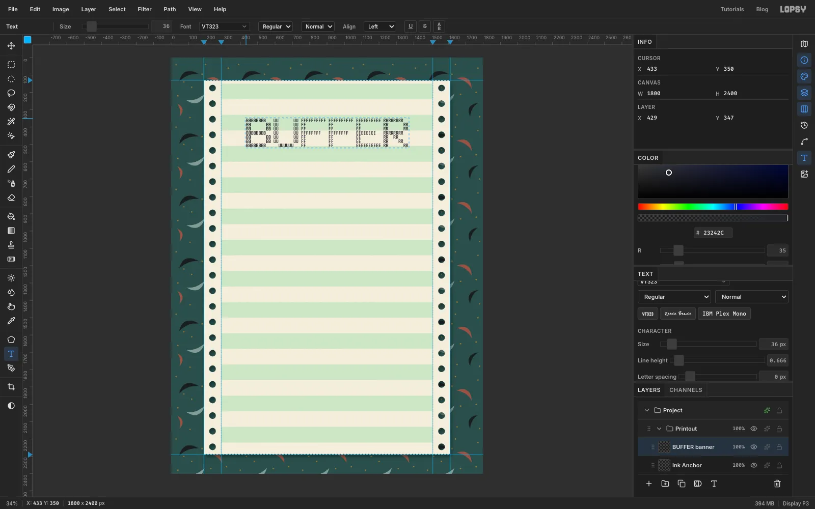 A big BUFFER spelled out in blocky letters made of repeated B, U, F, E and R characters near the top of the sheet