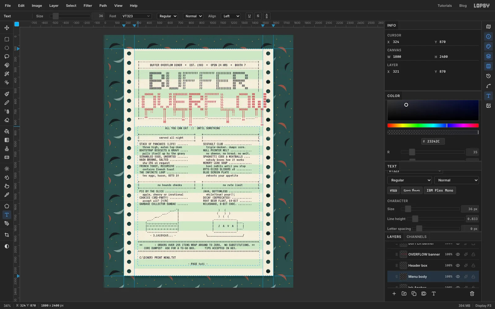 The full menu below the title: two columns of item names with dot leaders, section boxes, an ASCII cherry pie and coffee mug, a warning footer and a DOS-style prompt line