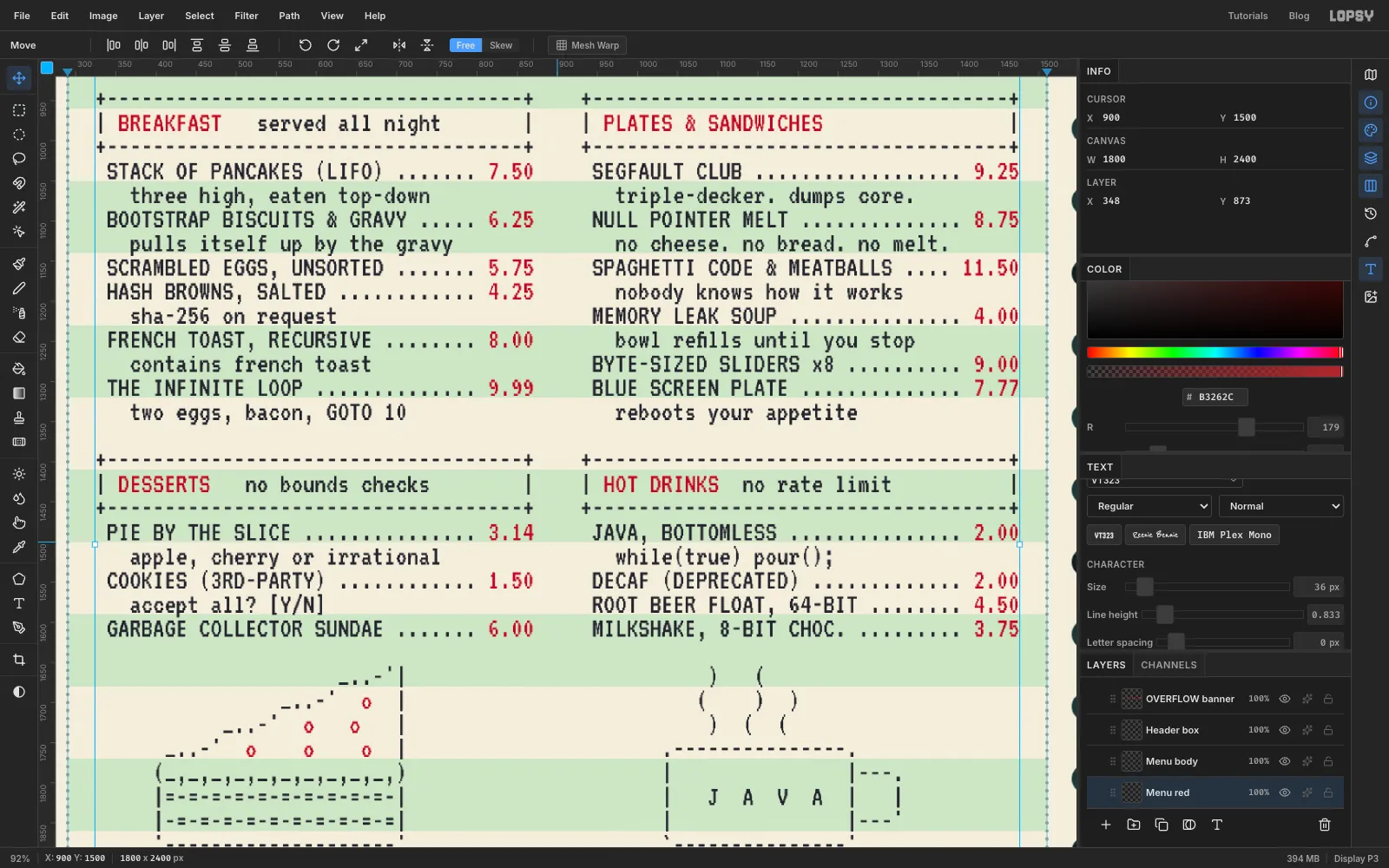 A close-up of the menu: section titles and every price now printed in red, lined up exactly over the gaps left in the black text