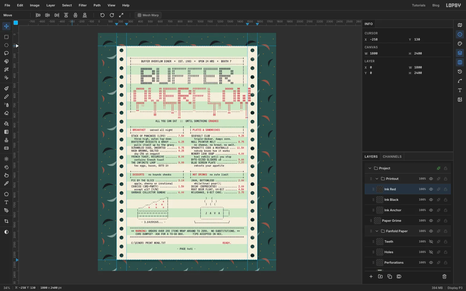 The Layers panel inside the Printout group now holds the two ink layers, Ink Black and Ink Red, above the empty Ink Anchor layer
