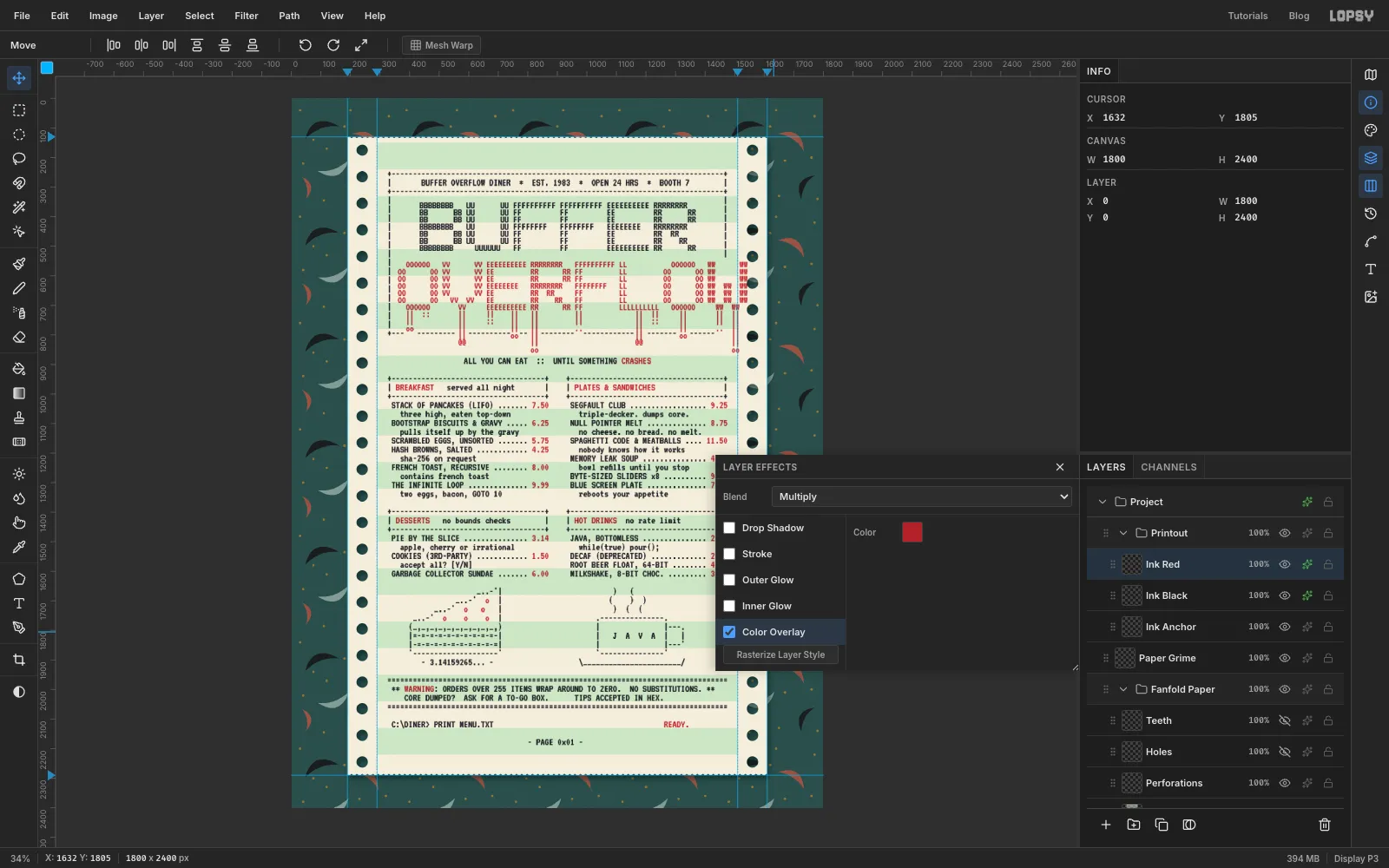 The layer effects drawer for Ink Red, with Color Overlay ticked, set to red, and the blend mode set to Multiply