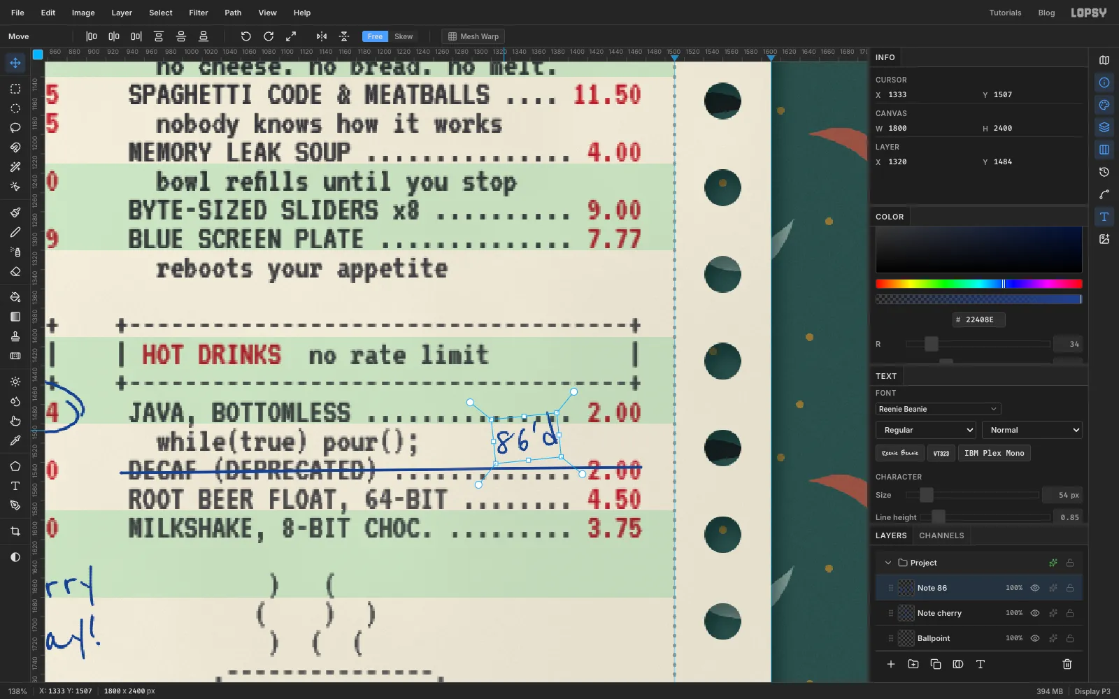 A close-up of the HOT DRINKS section: DECAF struck through with a blue pen line, 86'd handwritten just above its price, and a blue loop around the pie price on the left