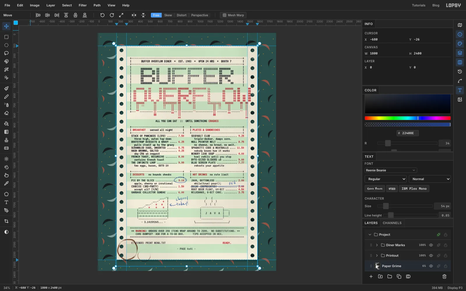 The top-level groups selected in the Layers panel, with one set of transform handles around the whole sheet on the canvas