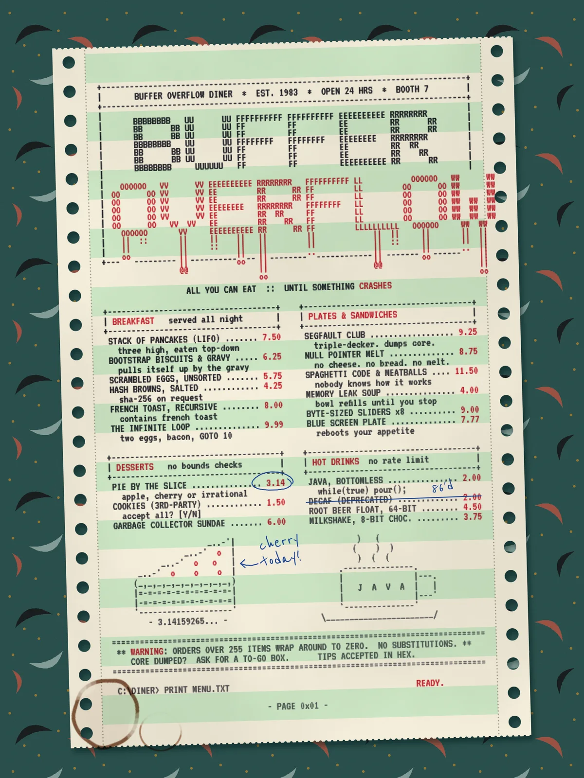 The finished BUFFER OVERFLOW diner menu. A slightly tilted sheet of green-bar fanfold paper with punched tractor holes and torn perforated ends lies on teal 1950s boomerang formica. At the top, inside a box drawn with plus signs and dashes, BUFFER is spelled in big black letters made of repeated characters, and OVERFLOW in red letters bursts through the right side of the box, with red drips running down through its bottom border. Below are two columns of dot-matrix menu items with dot leaders and red prices, an ASCII cherry pie and coffee mug, a warning footer, a blue ballpoint loop round 3.14, DECAF struck out with 86'd written above it, a scribbled cherry today! note, and two coffee-cup rings in the bottom-left corner