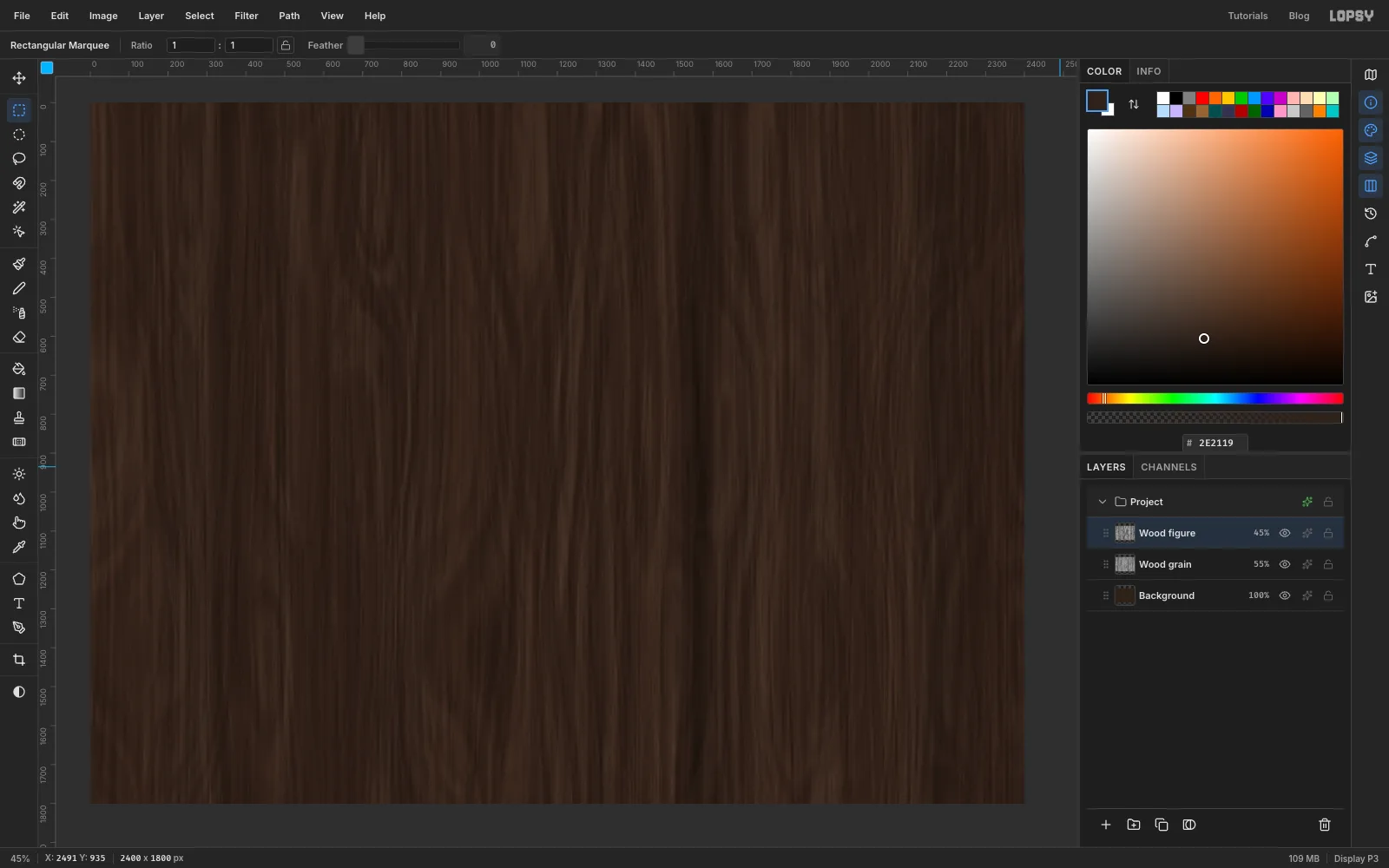 The canvas now shows dark brown wood with soft vertical grain