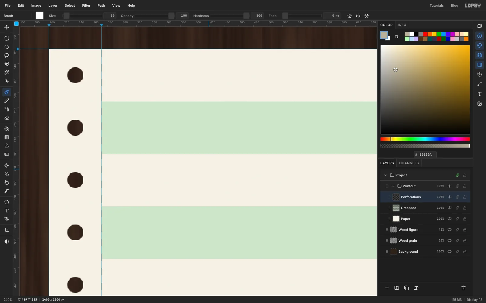 A close-up of the left strip with a fine dashed line along its inner edge