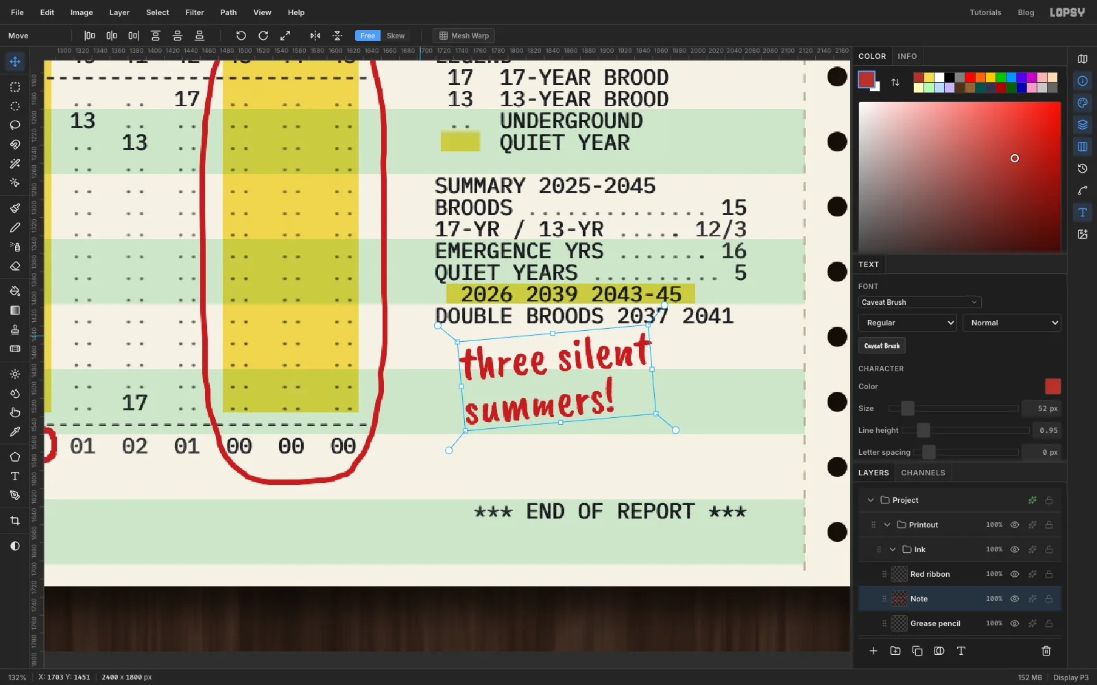 The note "three silent summers!" being rotated a few degrees with the Move tool's handles