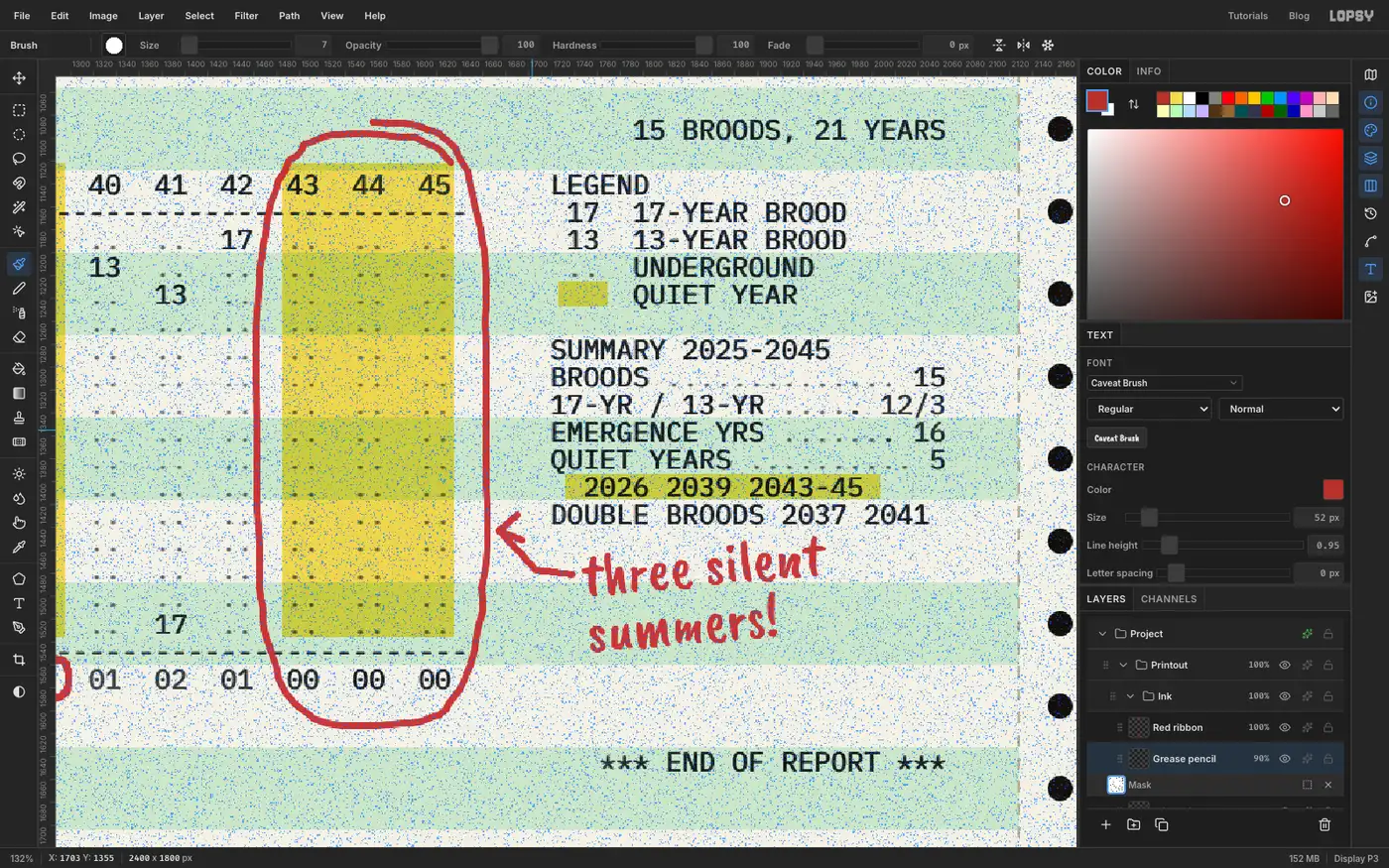 The grease pencil layer's mask in edit mode, with a blue speckle overlay showing where the mask hides the pencil