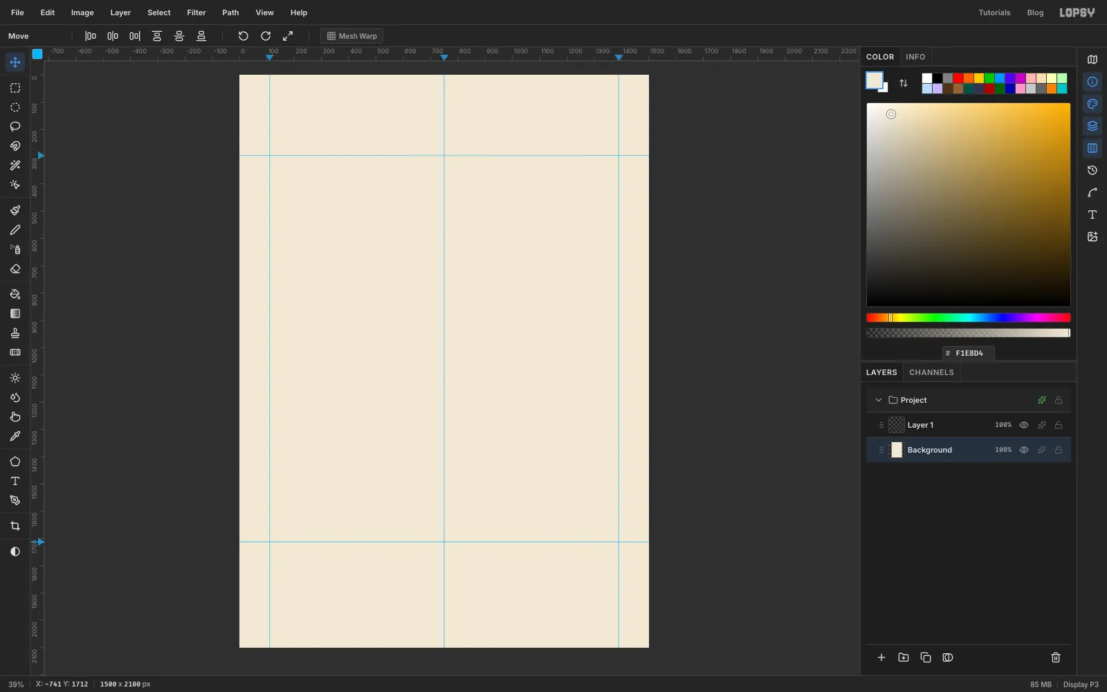 A 1500 by 2100 canvas filled with warm cream, with blue guides marking the side margins, the centre line and the header and footer rules