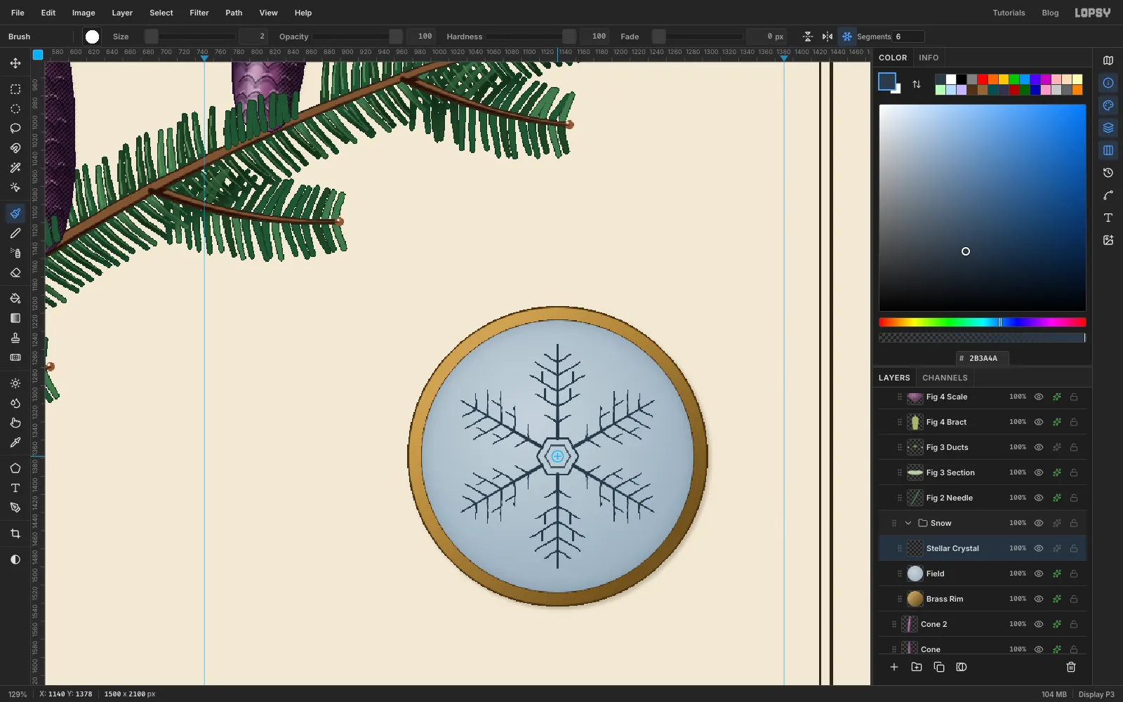 The stellar crystal finished: six arms, each with pairs of side branches that are longest in the middle, plus tiny twigs on the longest branches