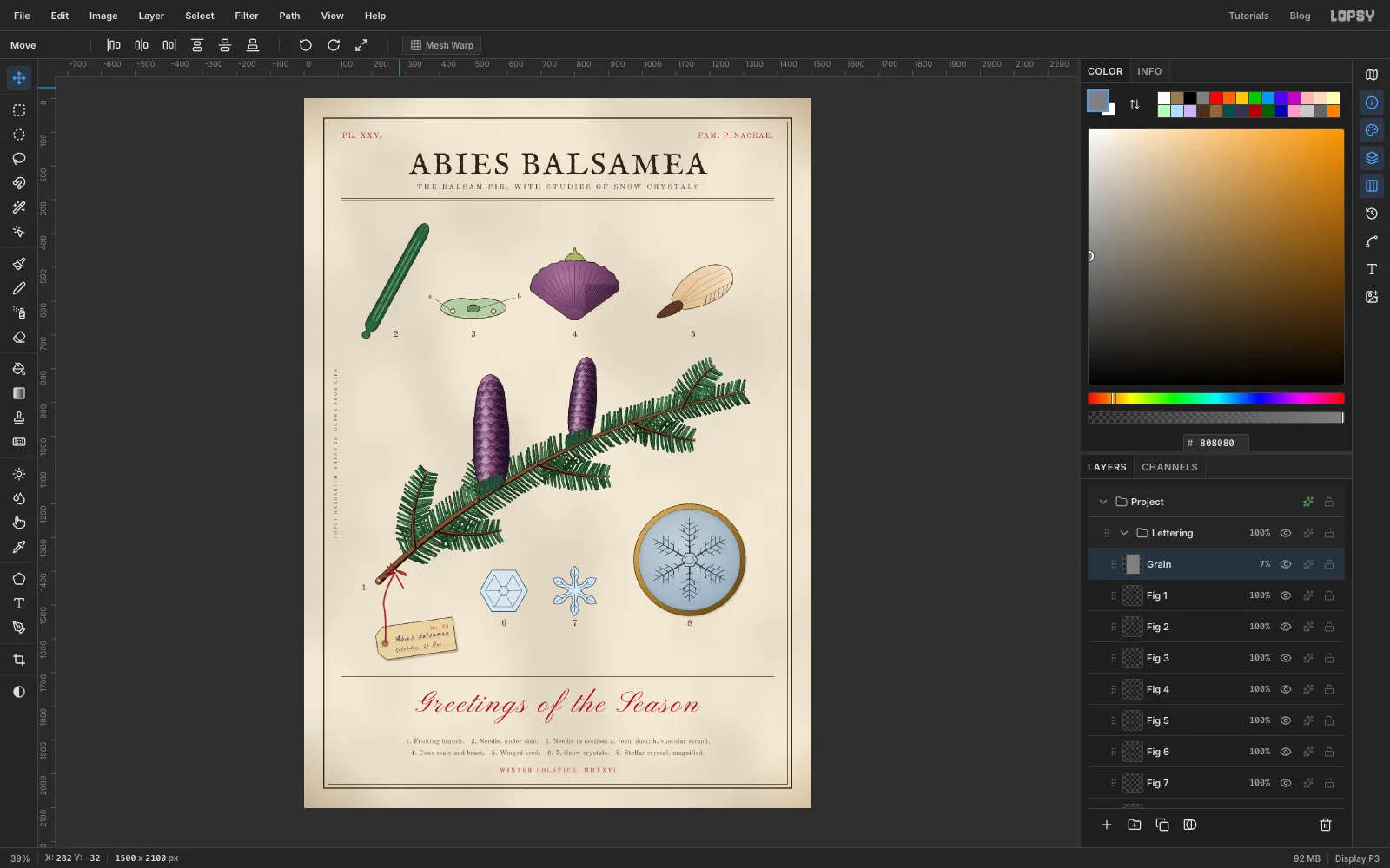 Lopsy with the finished card at fit zoom, guides hidden, and the Layers panel listing the Lettering, Specimen Tag, Snow and Details groups
