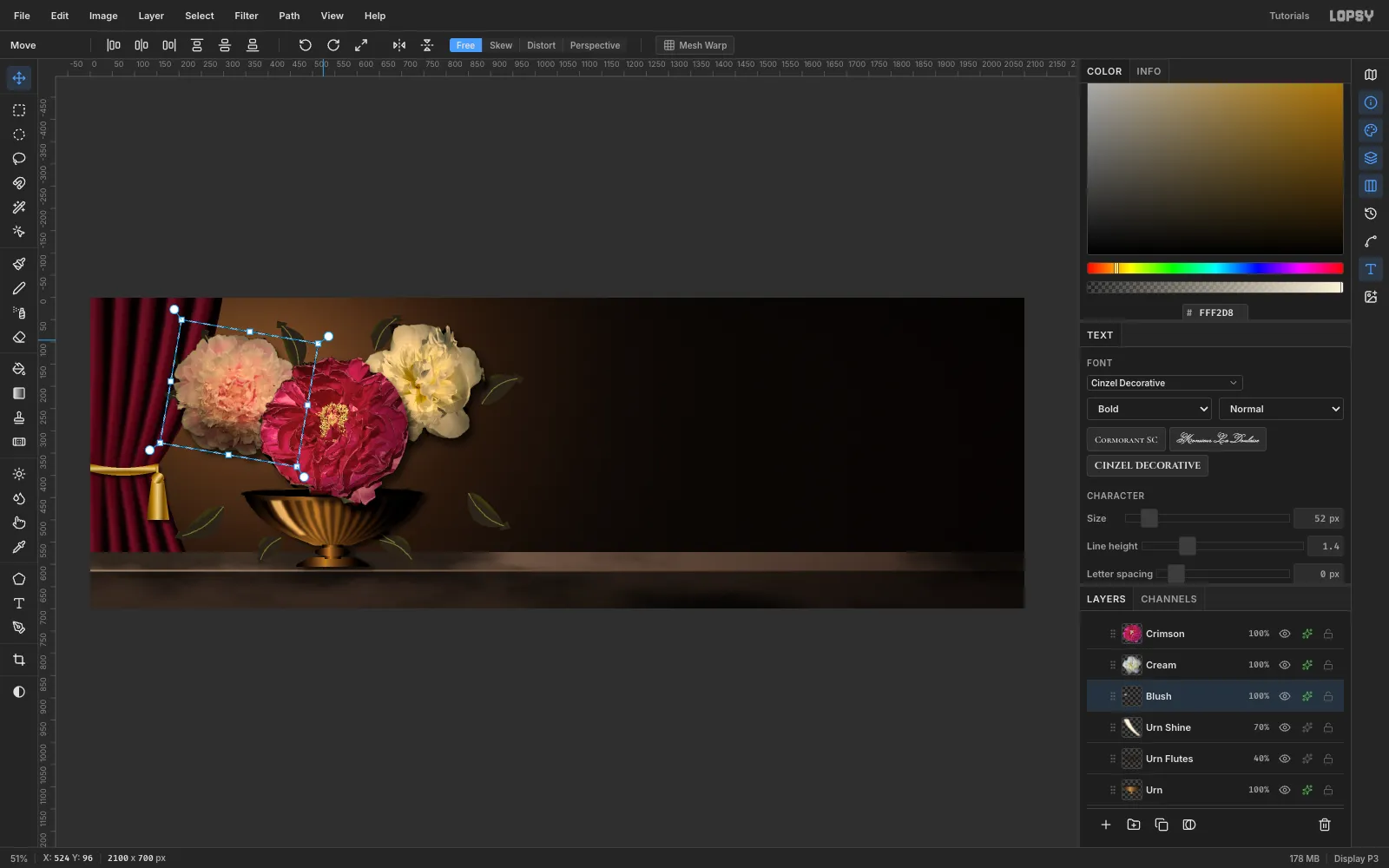 The blush peony inside a tilted transform box being rotated with the rotate handle, beside the crimson and cream peonies already placed over the bowl