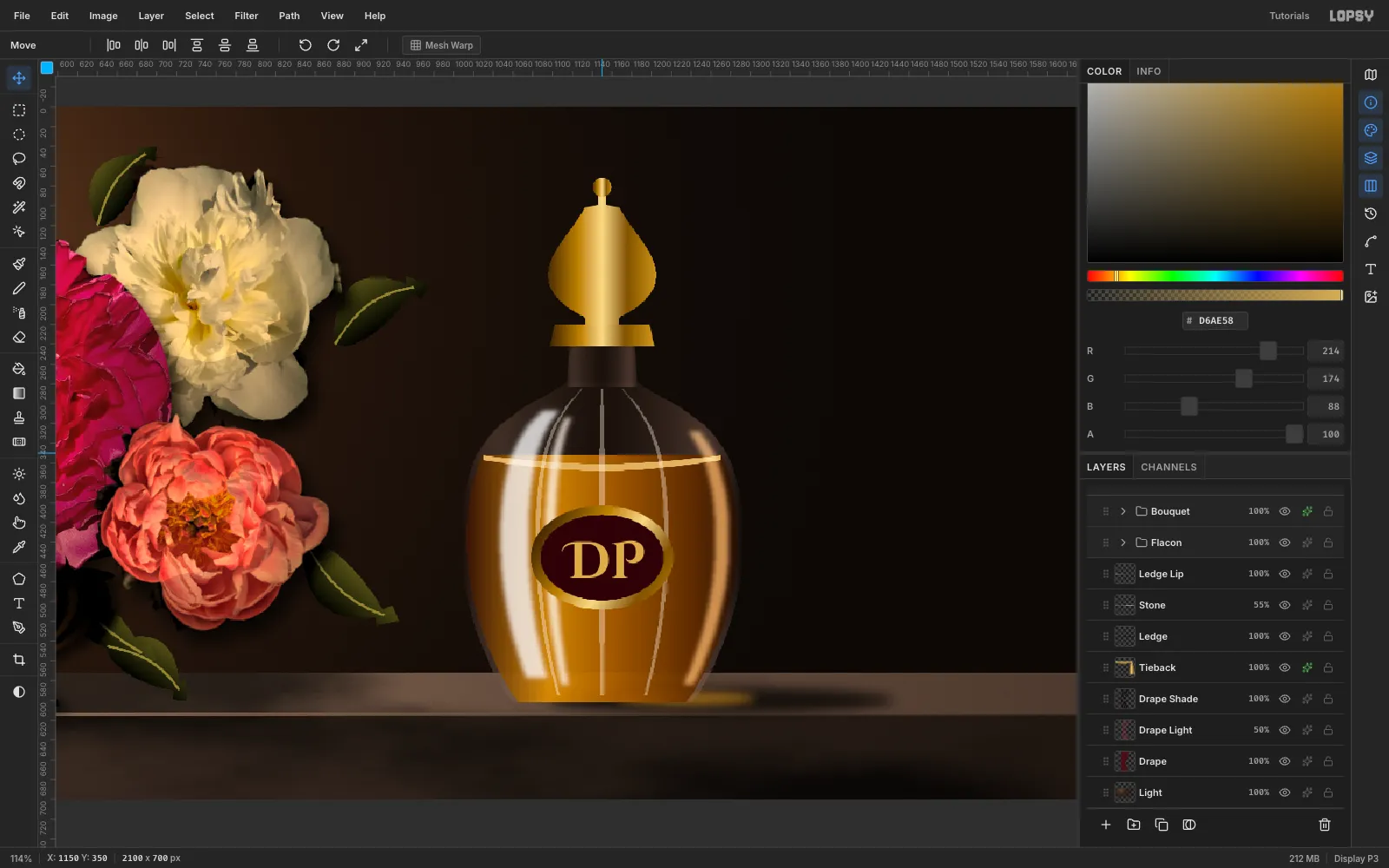 A clear crystal perfume bottle drawn on the ledge beside the bouquet, with a rounded faceted body of amber liquid, soft white reflections, a gold collar and teardrop stopper and a gold-ringed oxblood label reading DP
