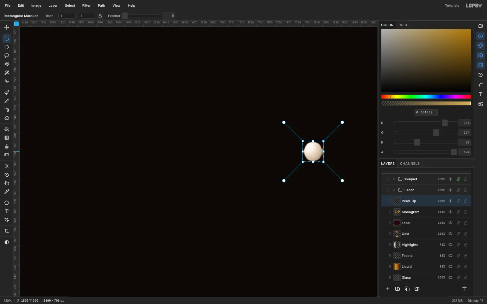A single shaded pearl, lit from the upper left, inside a small square marquee on an otherwise empty dark canvas area