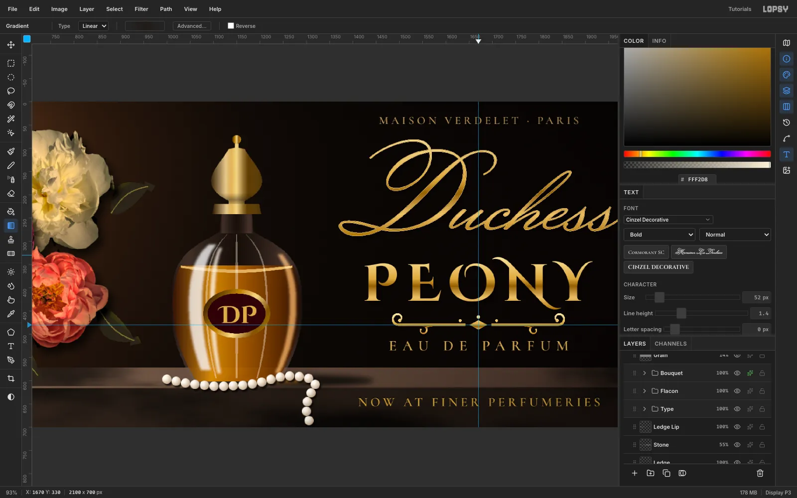 The type block on the right half with a vertical guide at x 1670: Maison Verdelet · Paris in small capitals, a gold swash script Duchess, PEONY in decorative capitals, a scroll ornament on a horizontal guide, and Eau de Parfum