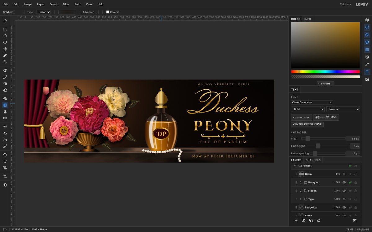 Lopsy editing the finished Duchess Peony billboard, with the canvas showing a peony bouquet in a bronze tazza beside an amber crystal perfume bottle and gold script type, and the layers panel open on the right
