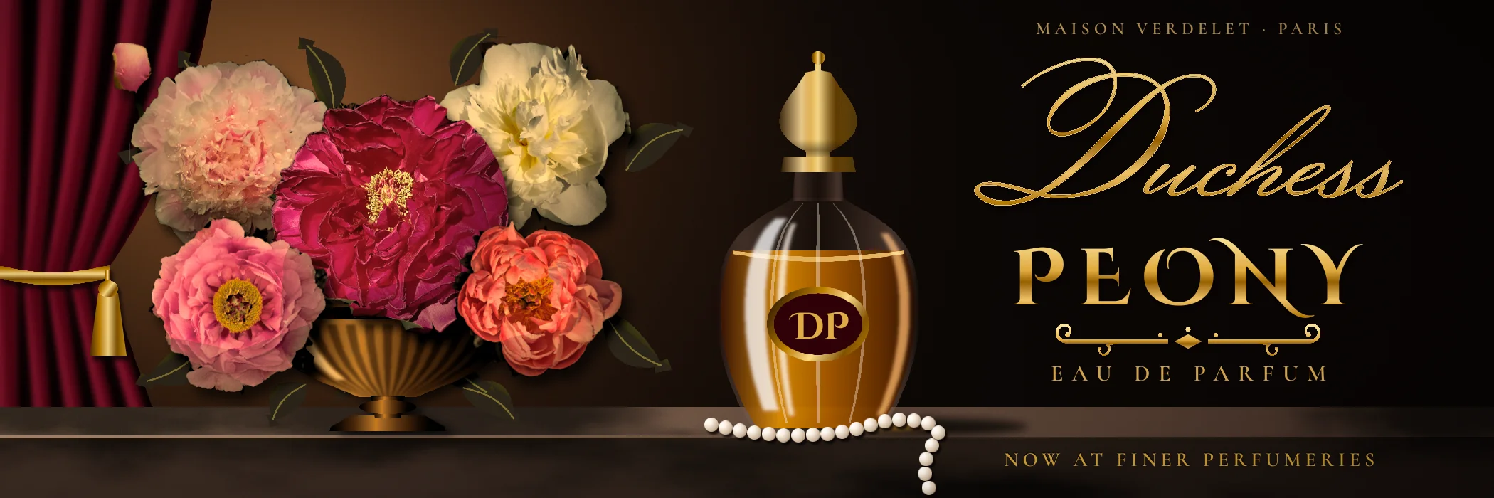 The finished 3:1 billboard on a dark umber ground. On the left a crimson velvet curtain is held by a gold tasselled tie-back. A bouquet of blush, cream, crimson, pink and coral peonies with dark olive leaves rises from a fluted bronze tazza on a stone ledge. In the centre stands a clear crystal flacon of amber perfume with a gold teardrop stopper and a gold-ringed oxblood label reading DP, with a strand of pearls curling across the ledge and over its edge. On the right, gold type reads Maison Verdelet · Paris, a swash script Duchess, PEONY in decorative capitals, a scroll ornament and Eau de Parfum, with Now at finer perfumeries inlaid in gold on the ledge front