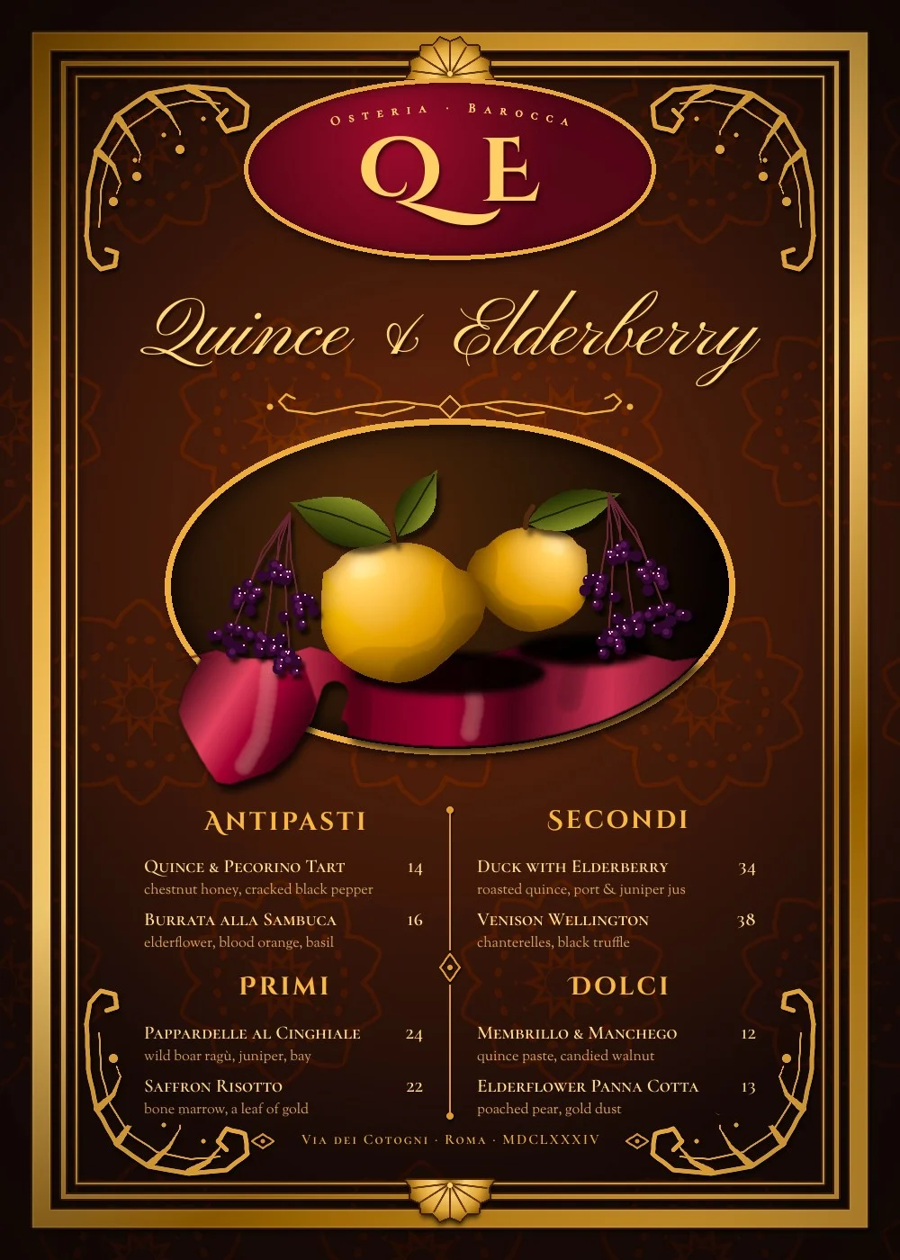 The finished Quince & Elderberry menu: a dark oxblood page with a gilded triple frame, shell crests, acanthus corners, a crimson QE cartouche, a gold script title, an oval still life of two quinces and elderberries on red velvet, and a two-column menu with gold small-caps headings