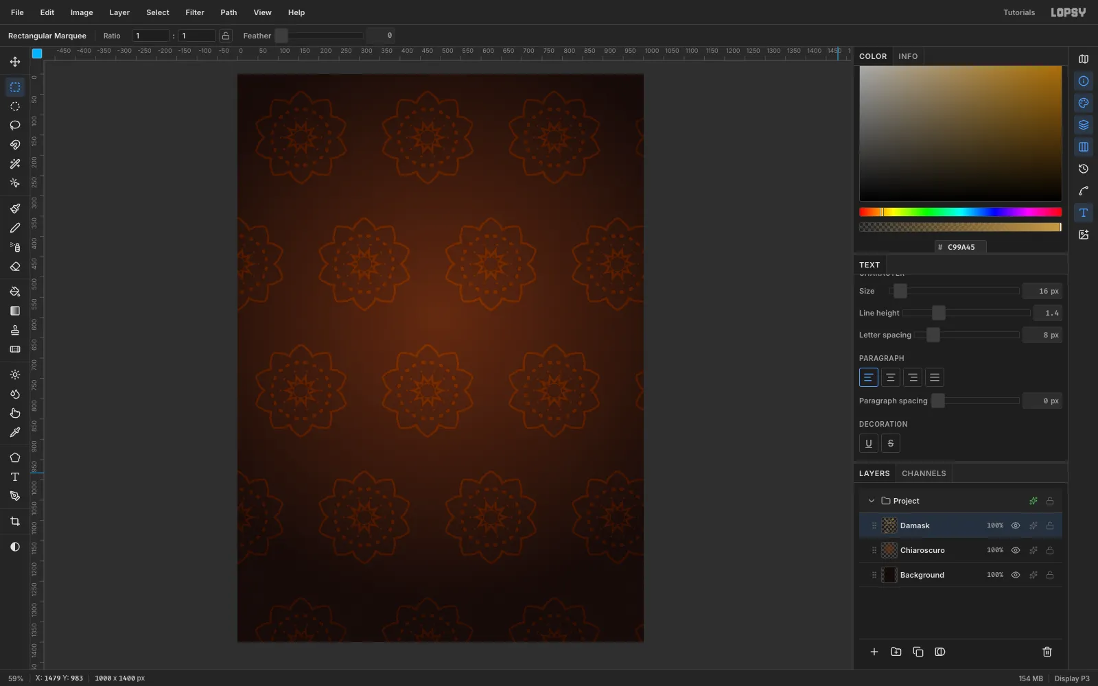 Rows of faint copper rosettes over the dark glow, like old wallpaper