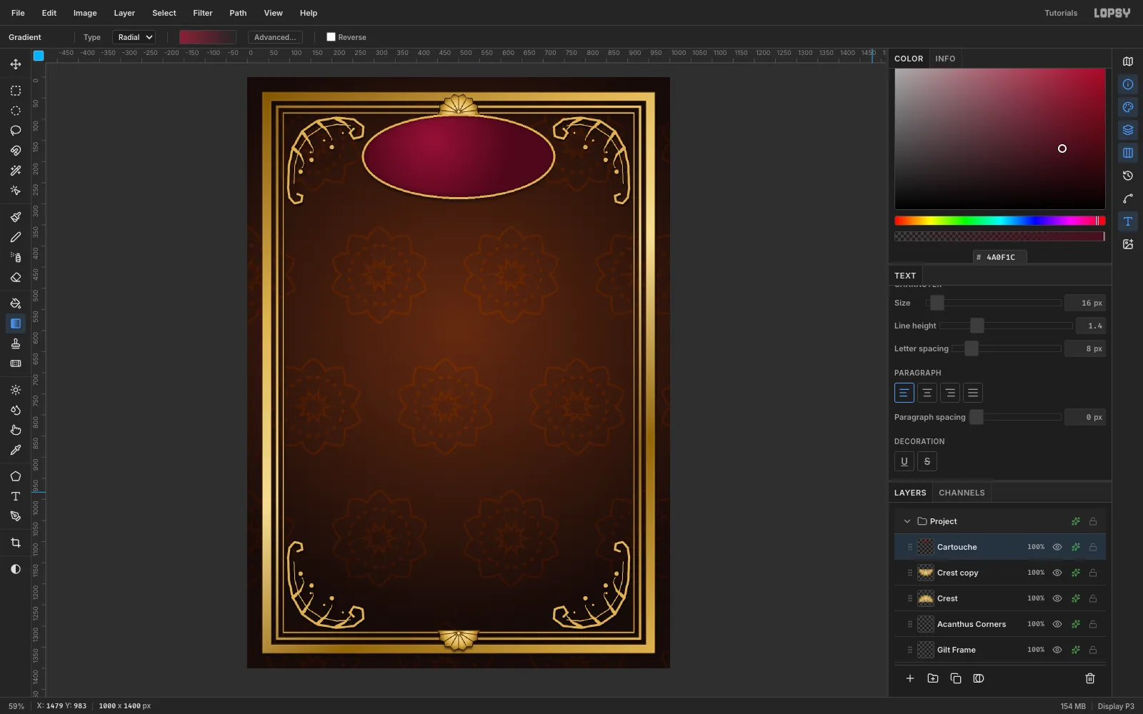 The crimson cartouche with a gold stroke, dark inner glow and soft drop shadow