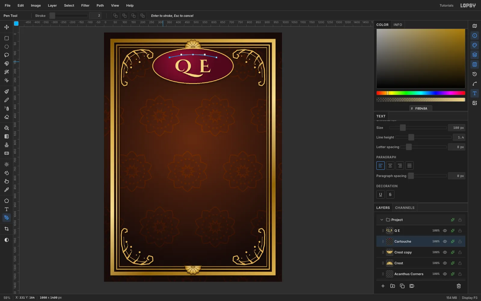 A three-anchor pen path arcing across the top of the cartouche, above the QE monogram
