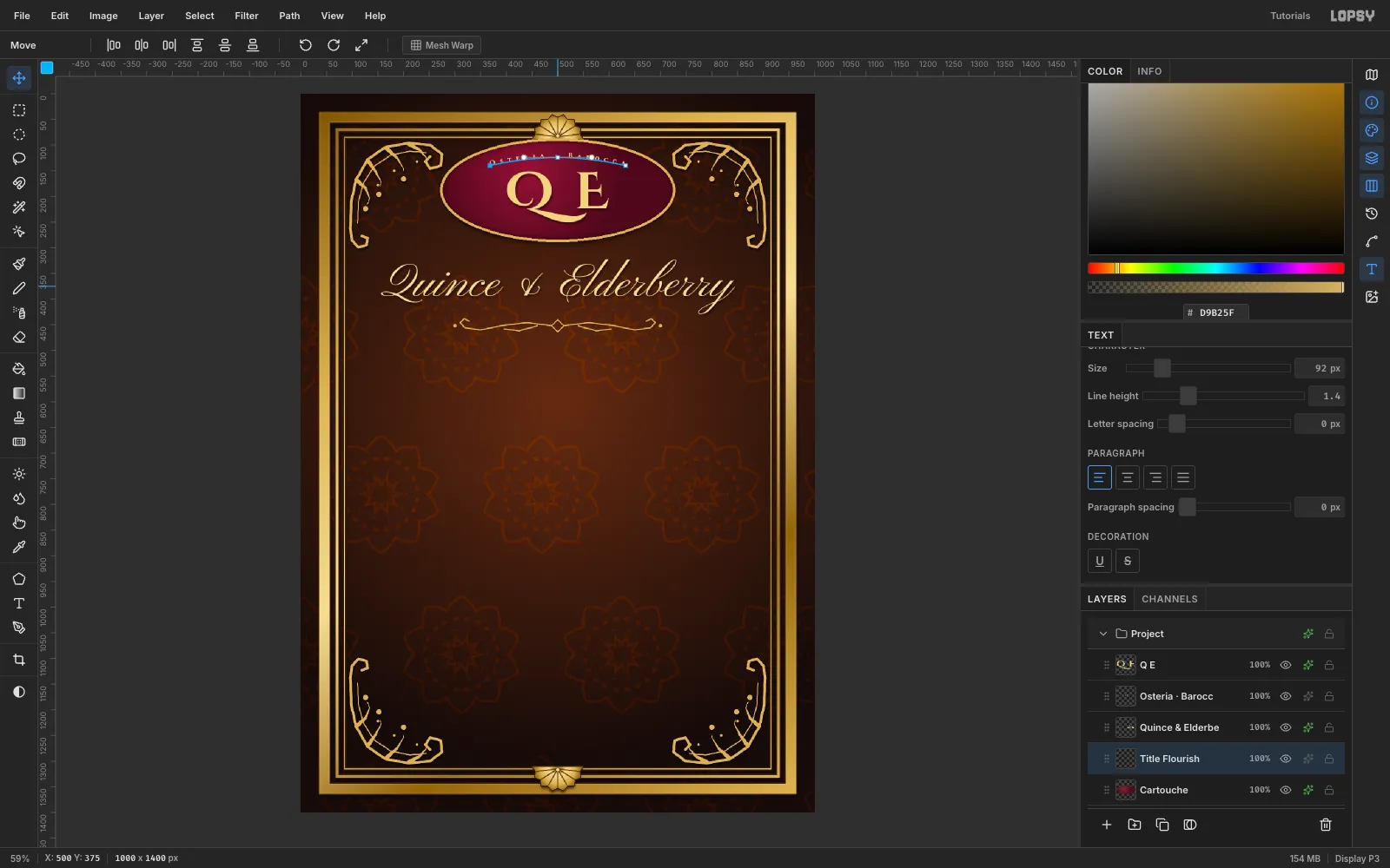 Quince & Elderberry in large gold Pinyon Script with a symmetrical scrolled rule underneath