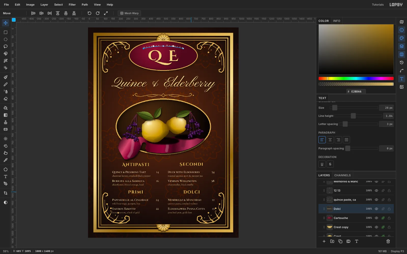 Four menu sections in two columns with gold Cinzel Decorative headings, small-caps dish names, right-aligned prices and muted descriptions
