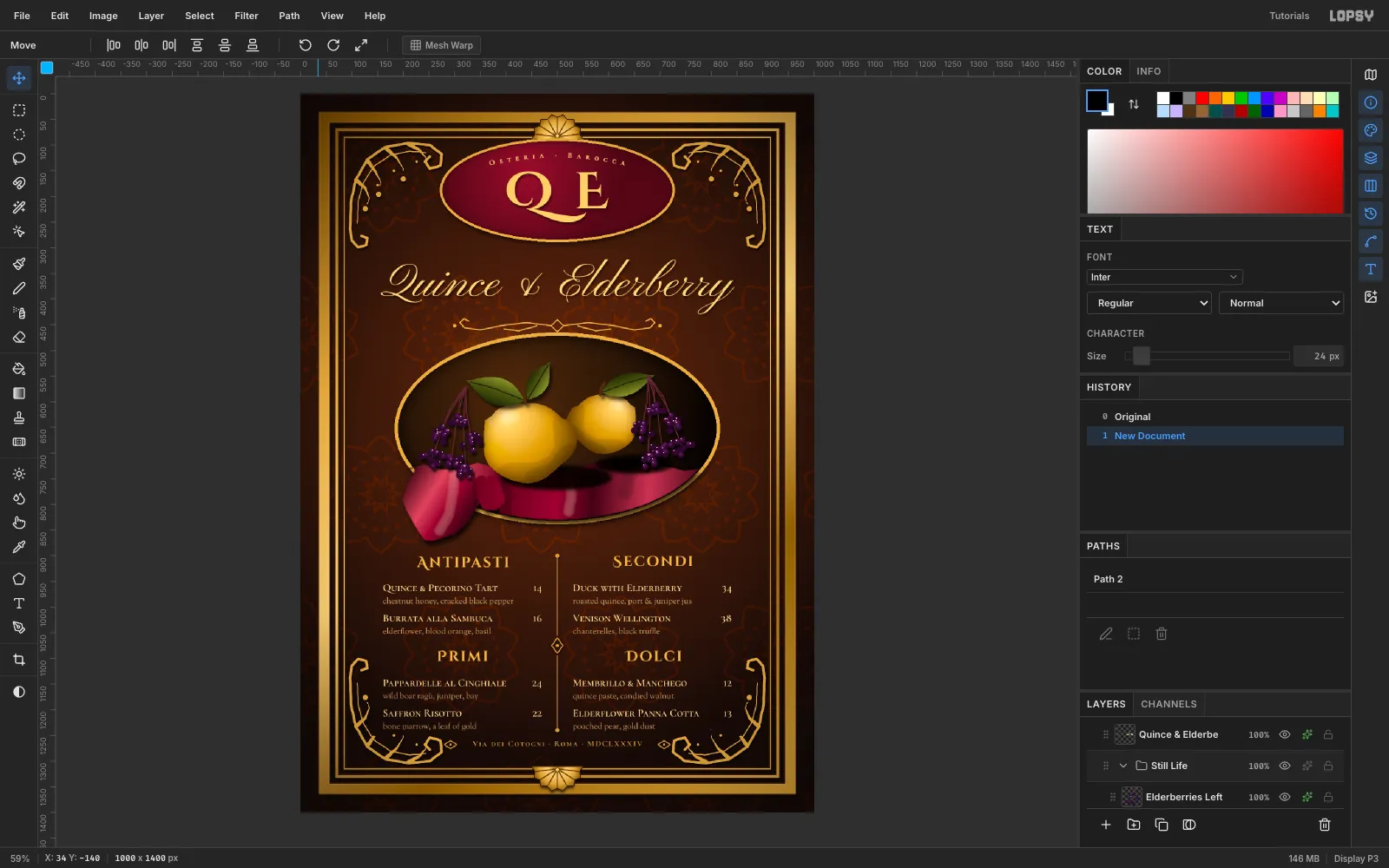 Lopsy showing the finished Quince & Elderberry menu with the Still Life group selected and the path overlay hidden