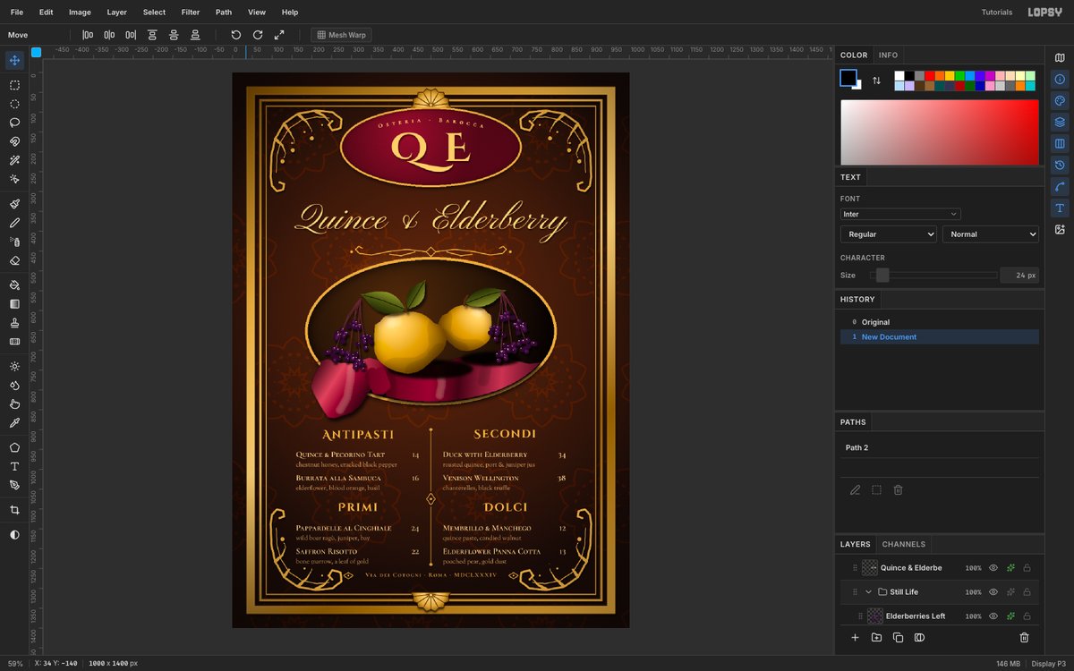 Lopsy showing the finished Quince & Elderberry Baroque menu, with a gilded frame, a crimson QE cartouche with curved Osteria Barocca text, a Pinyon Script title, a candle-lit still life of quinces and elderberries on red velvet, and a two-column menu with gold headings