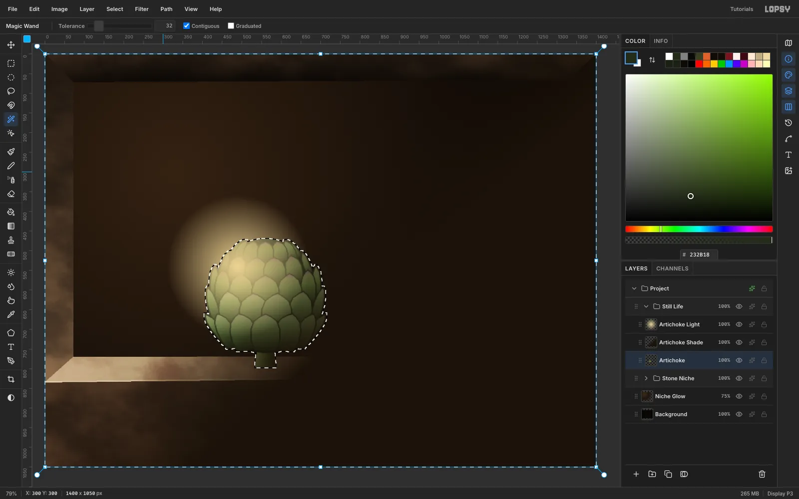The Magic Wand selection around the artichoke, with a warm light layer spilling past its edge before clipping