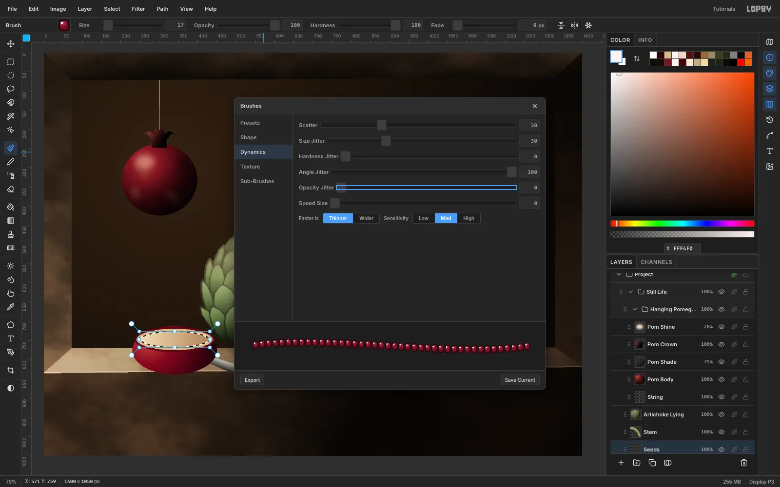 The Brushes window on the Dynamics tab with Scatter 30, Size Jitter 30 and Angle Jitter 100, and the stroke preview showing scattered seeds