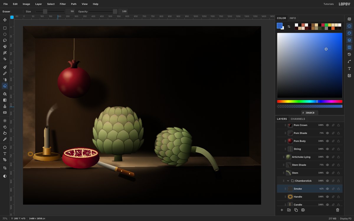 Lopsy showing the finished Midnight Artichokes still life, with two green artichokes, a hanging pomegranate, a split pomegranate, a knife and a snuffed candle on a stone ledge in a dark niche