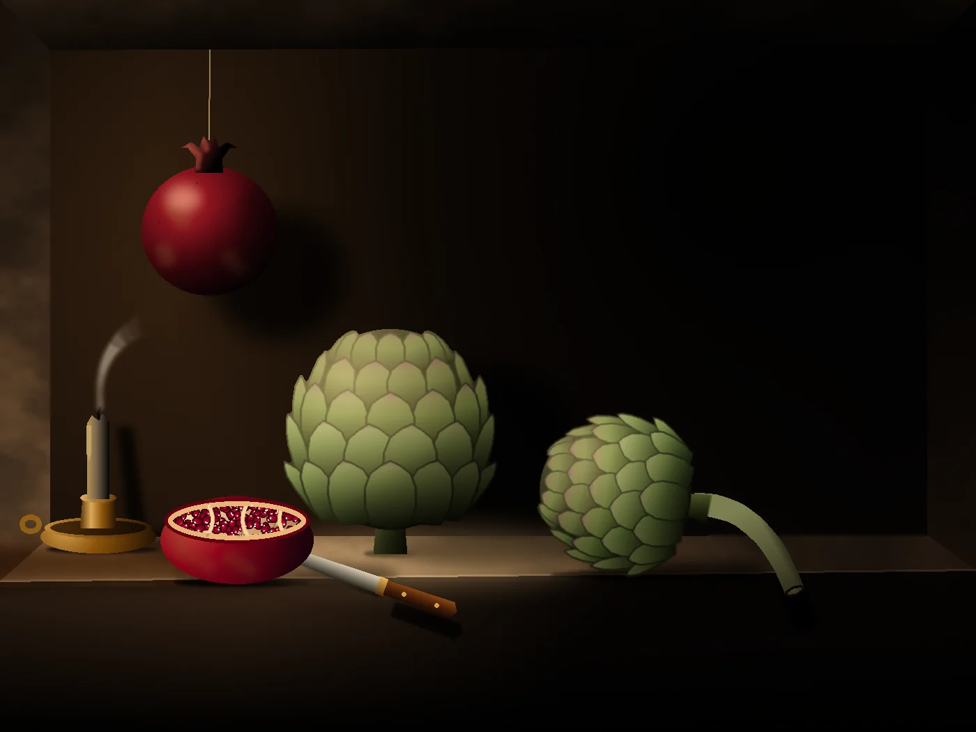 The finished Midnight Artichokes painting. A pomegranate hangs on a string in a dark stone niche. Below it, a snuffed candle trails smoke, a split pomegranate shows garnet seeds, a knife overhangs the ledge, an artichoke stands upright and a second lies on its side, its stem drooping over the ledge edge.