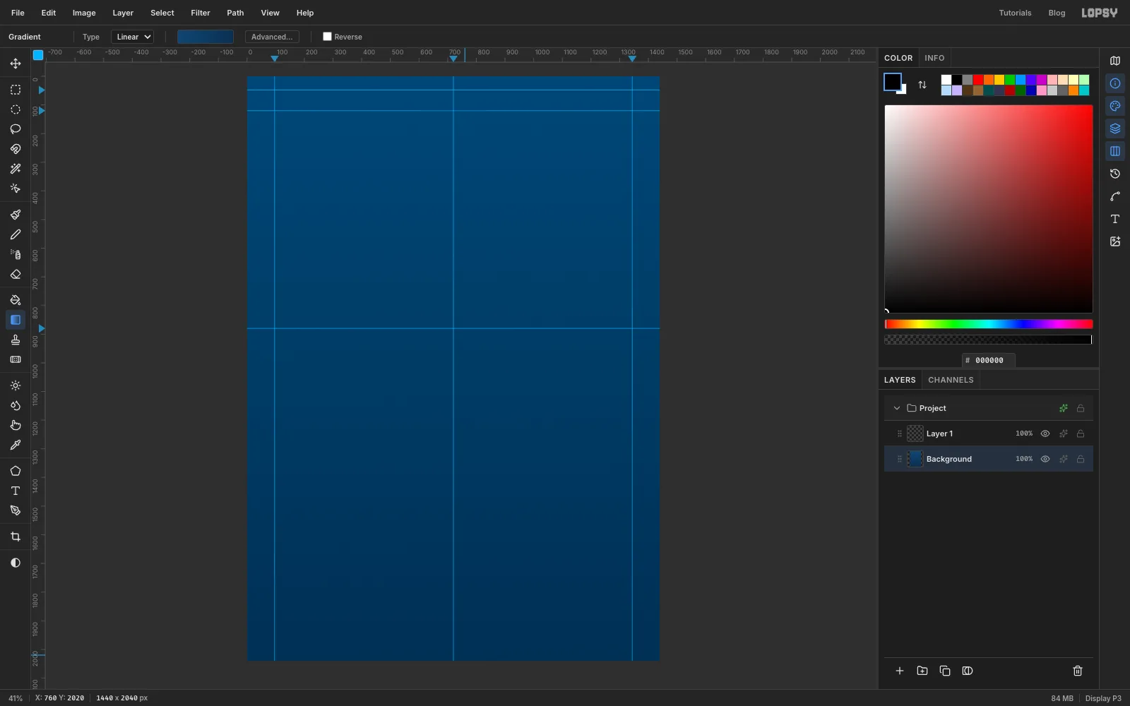 The page filled with a deep blue gradient, slightly lighter at the top