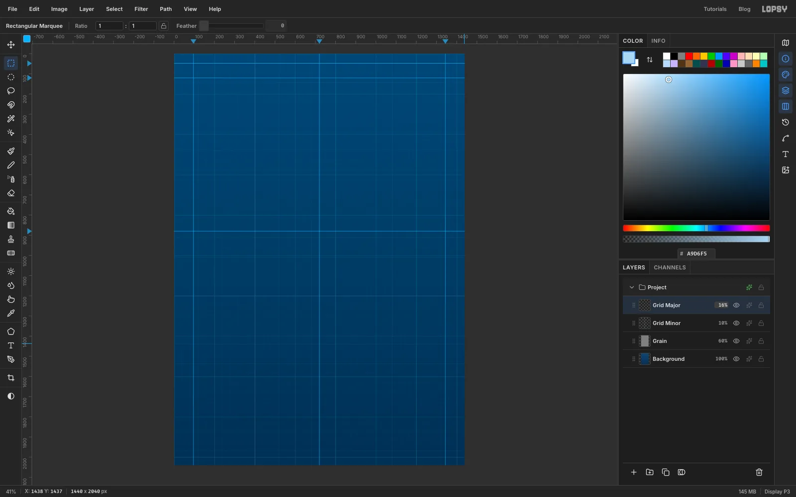 The page with a fine grid every 40 px and heavier lines every 200 px