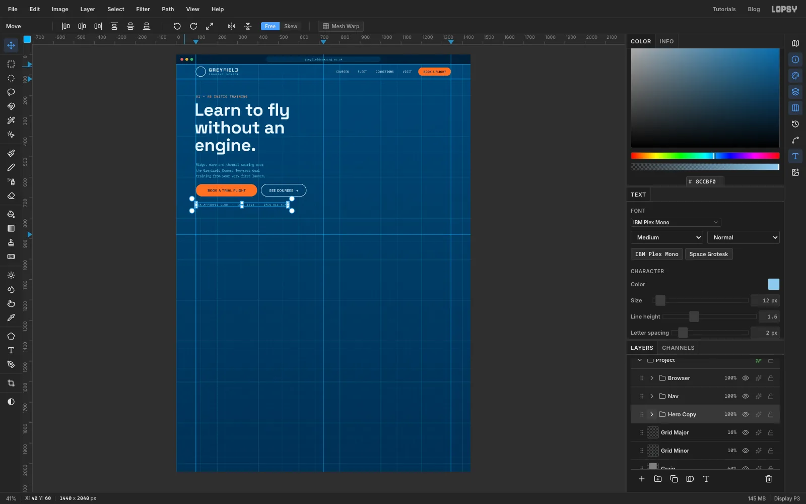The headline Learn to fly without an engine. with an orange eyebrow, intro copy, button labels and a small trust line