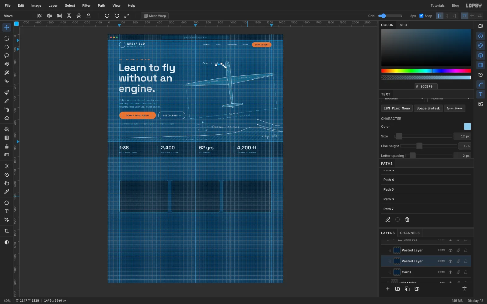 View Show Grid on, with a pasted copy of the card being dragged into the third column