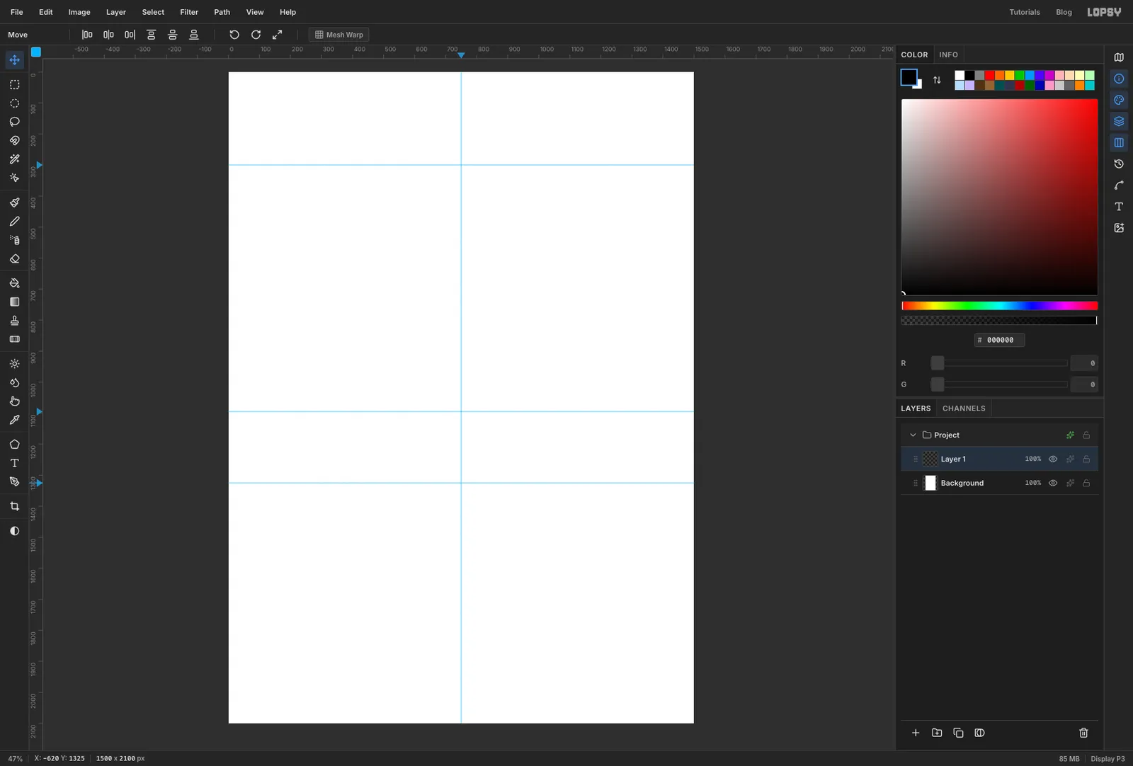 A new 1500 by 2100 document with one vertical and three horizontal blue guides